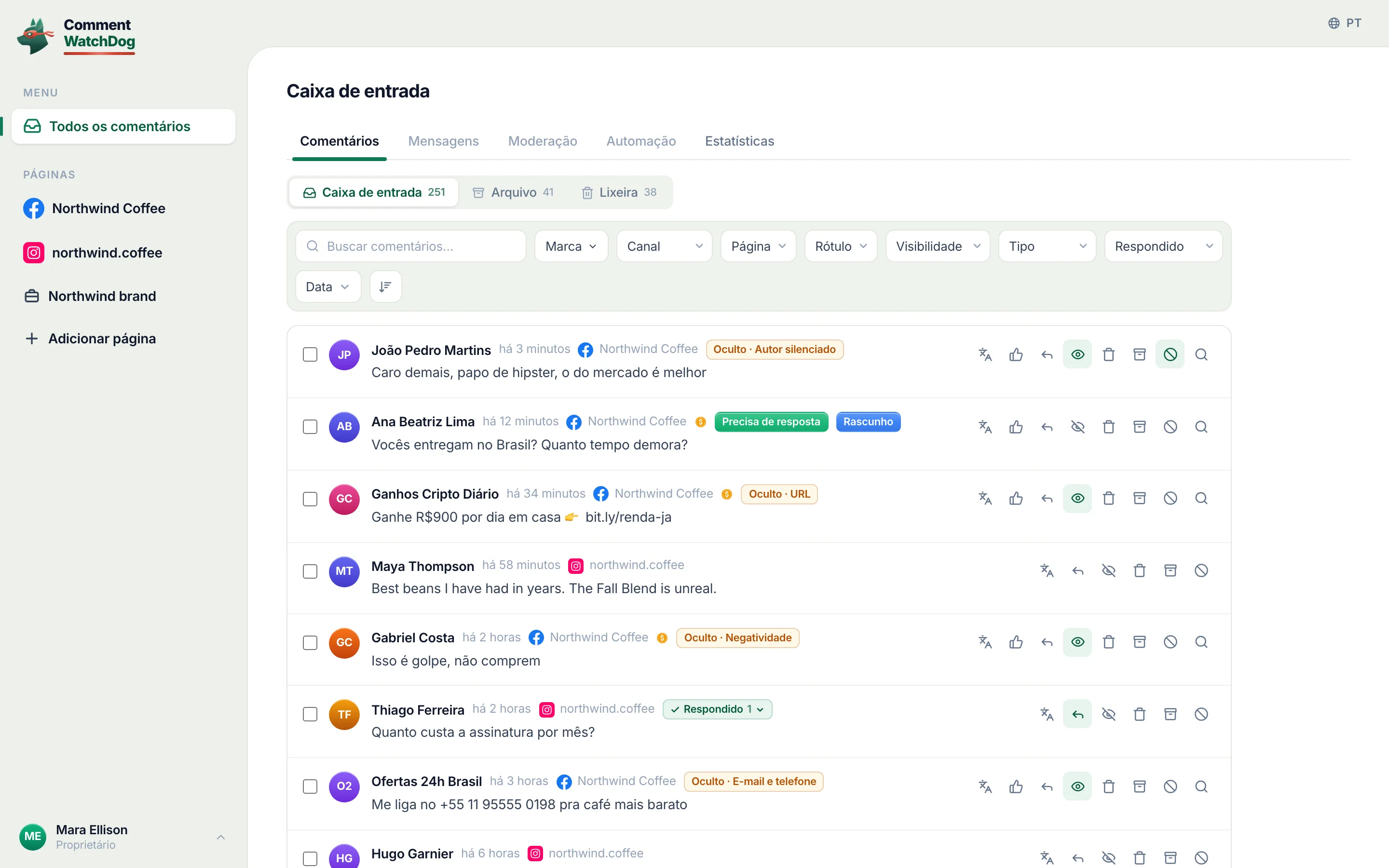 A caixa de entrada no computador: os comentários de todas as páginas em uma lista, etiquetados e filtrados.