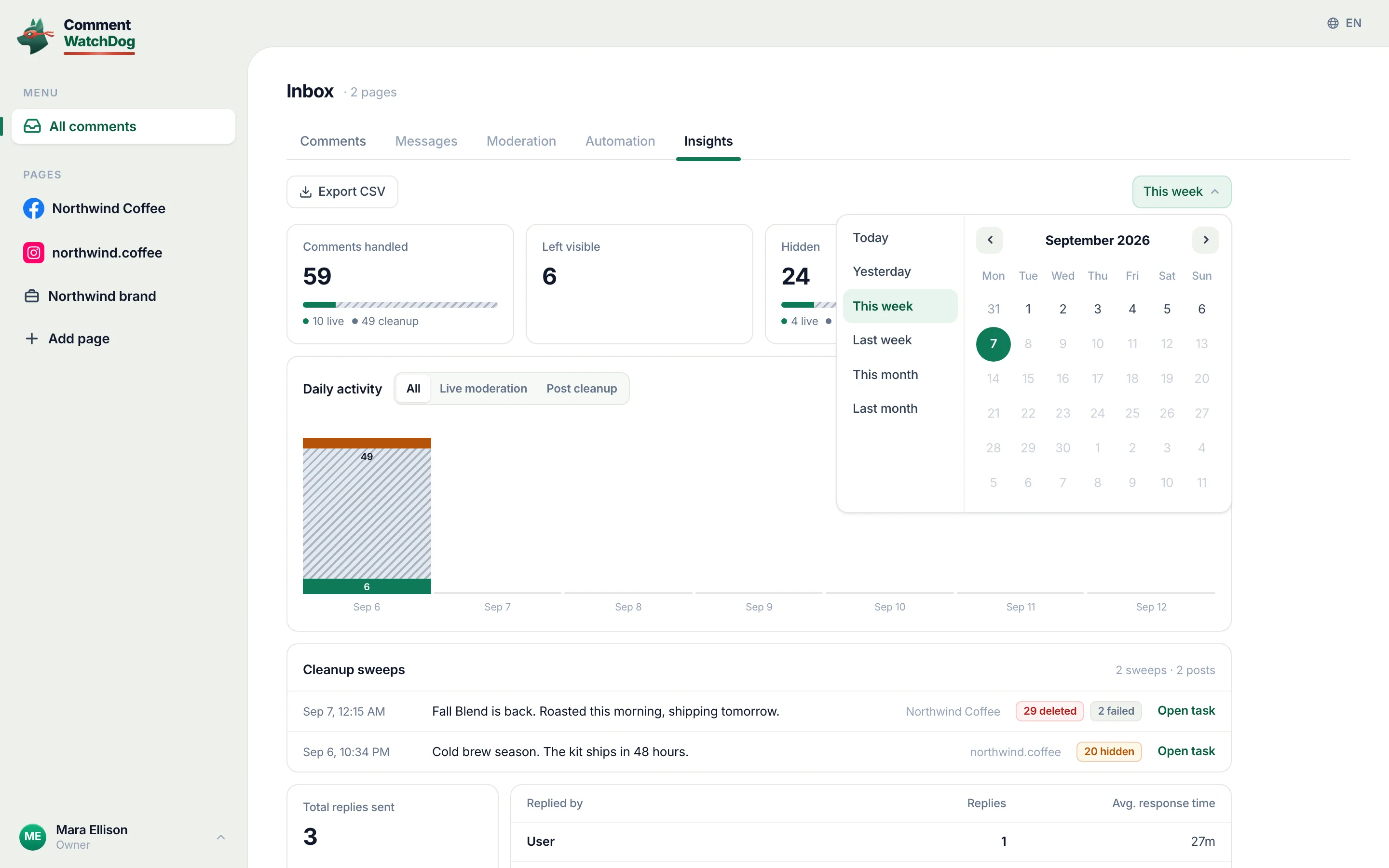 The date range menu open on Insights.