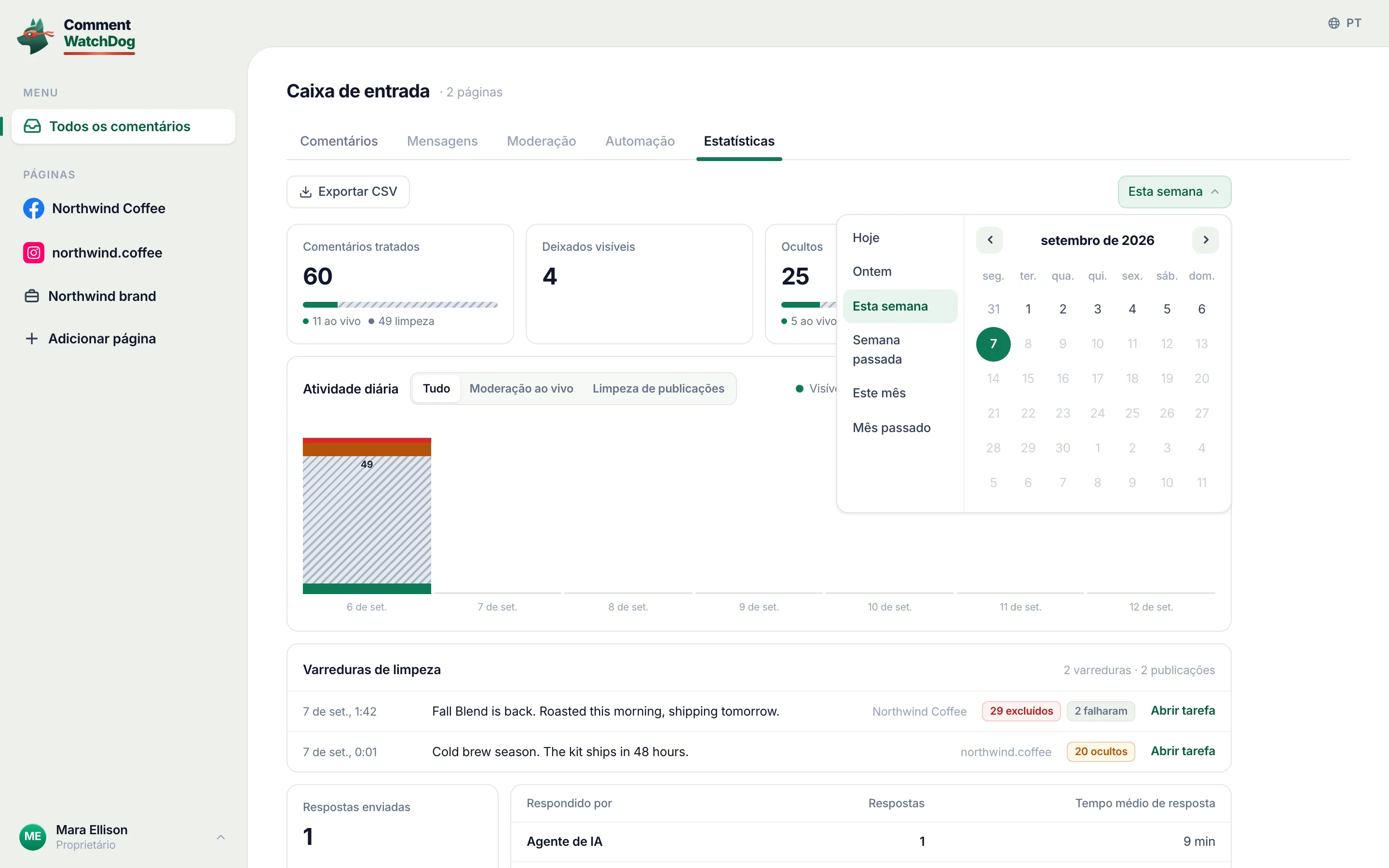 O menu de intervalo de datas aberto em Estatísticas.
