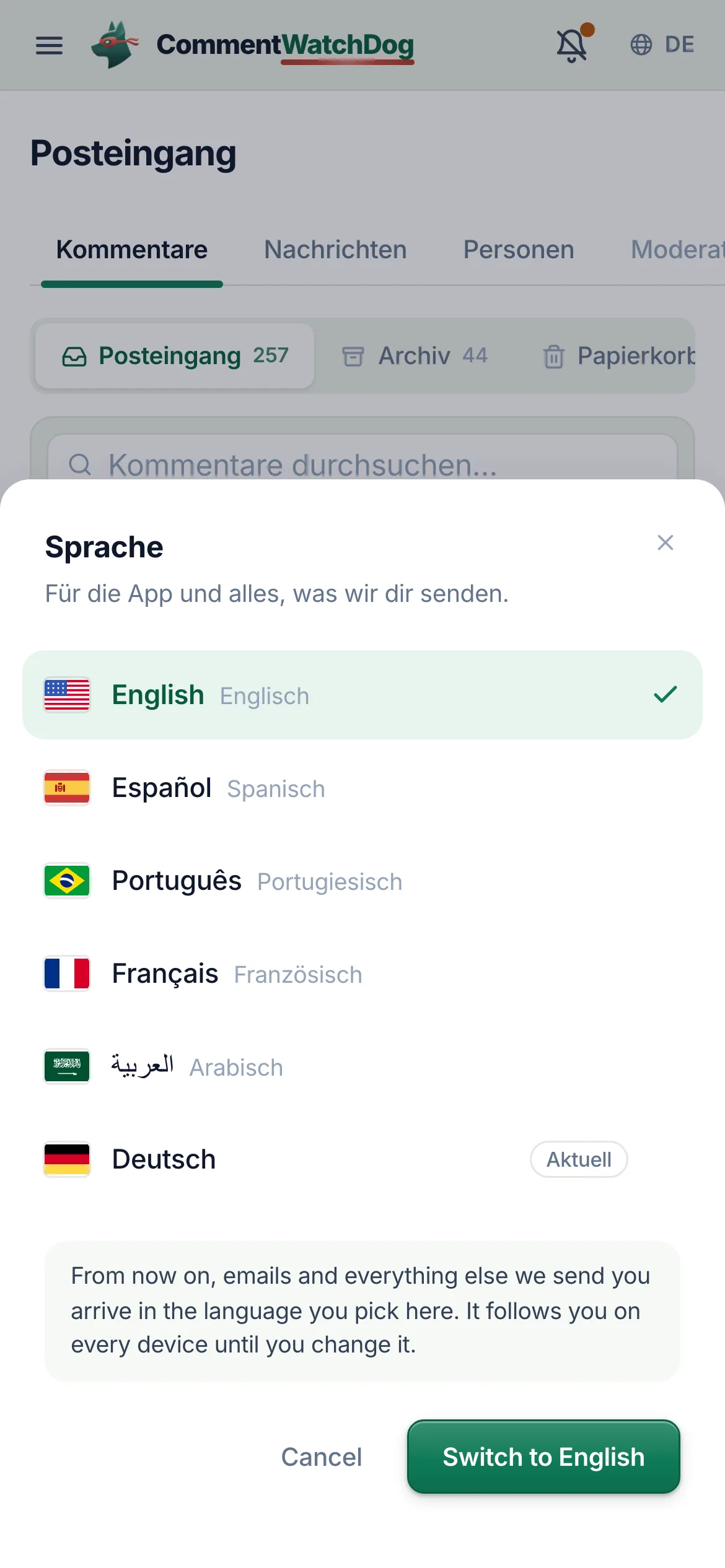 Auf dem Handy öffnet er sich als Panel.