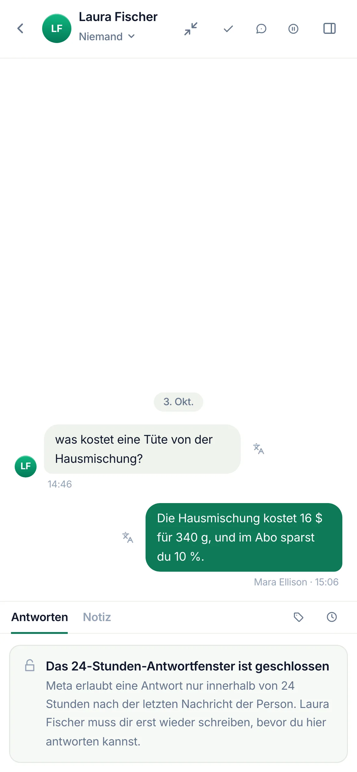 Ein Messenger-Chat mit Omar Reyes, dessen letzte Nachricht vom 29. September stammt. Wo sonst das Eingabefeld wäre, steht der Hinweis: Das 24-Stunden-Antwortfenster ist geschlossen.