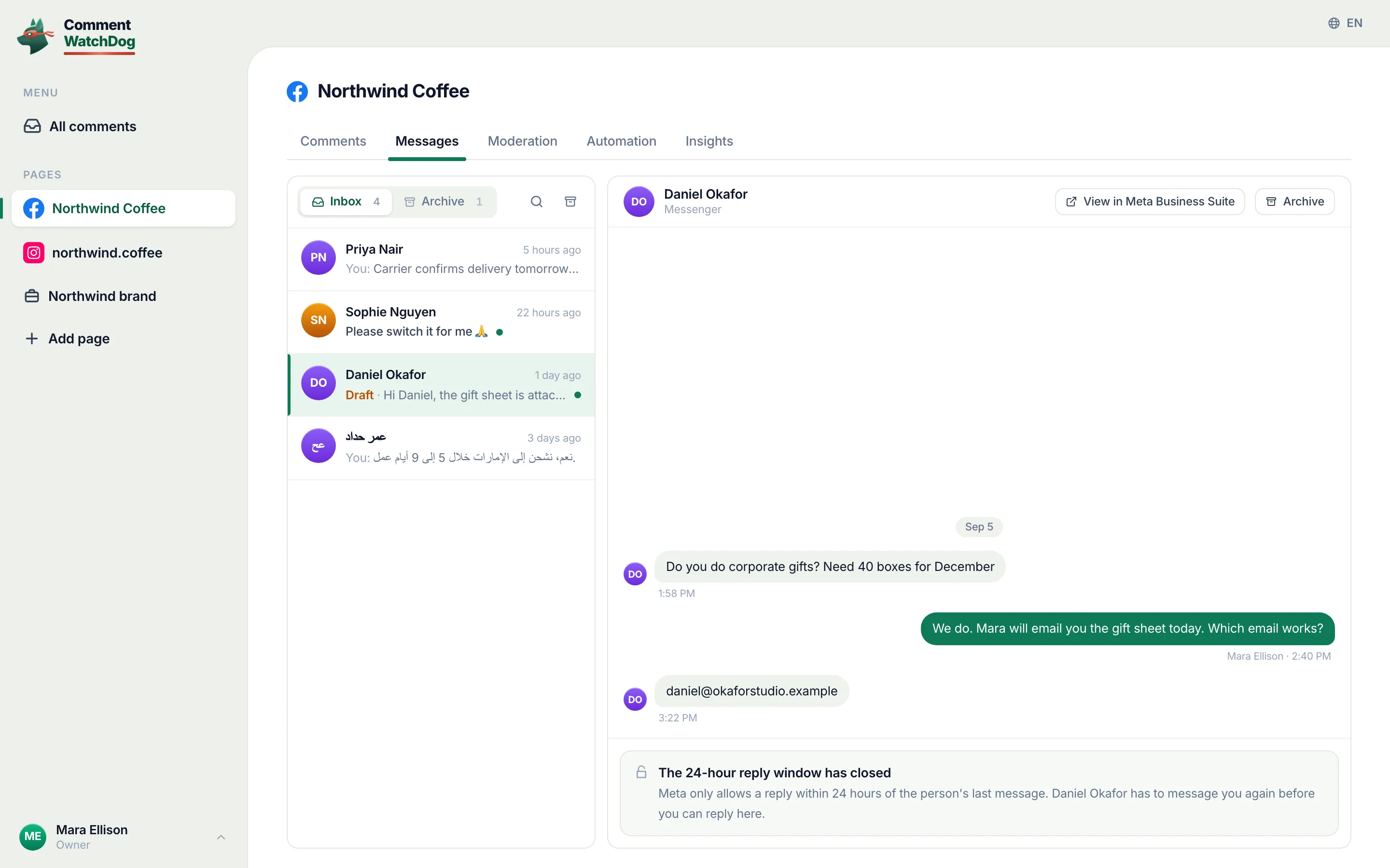 A Messenger thread past the 24-hour window: the composer is replaced by the explanation that Meta only allows a reply within 24 hours of the person's last message.