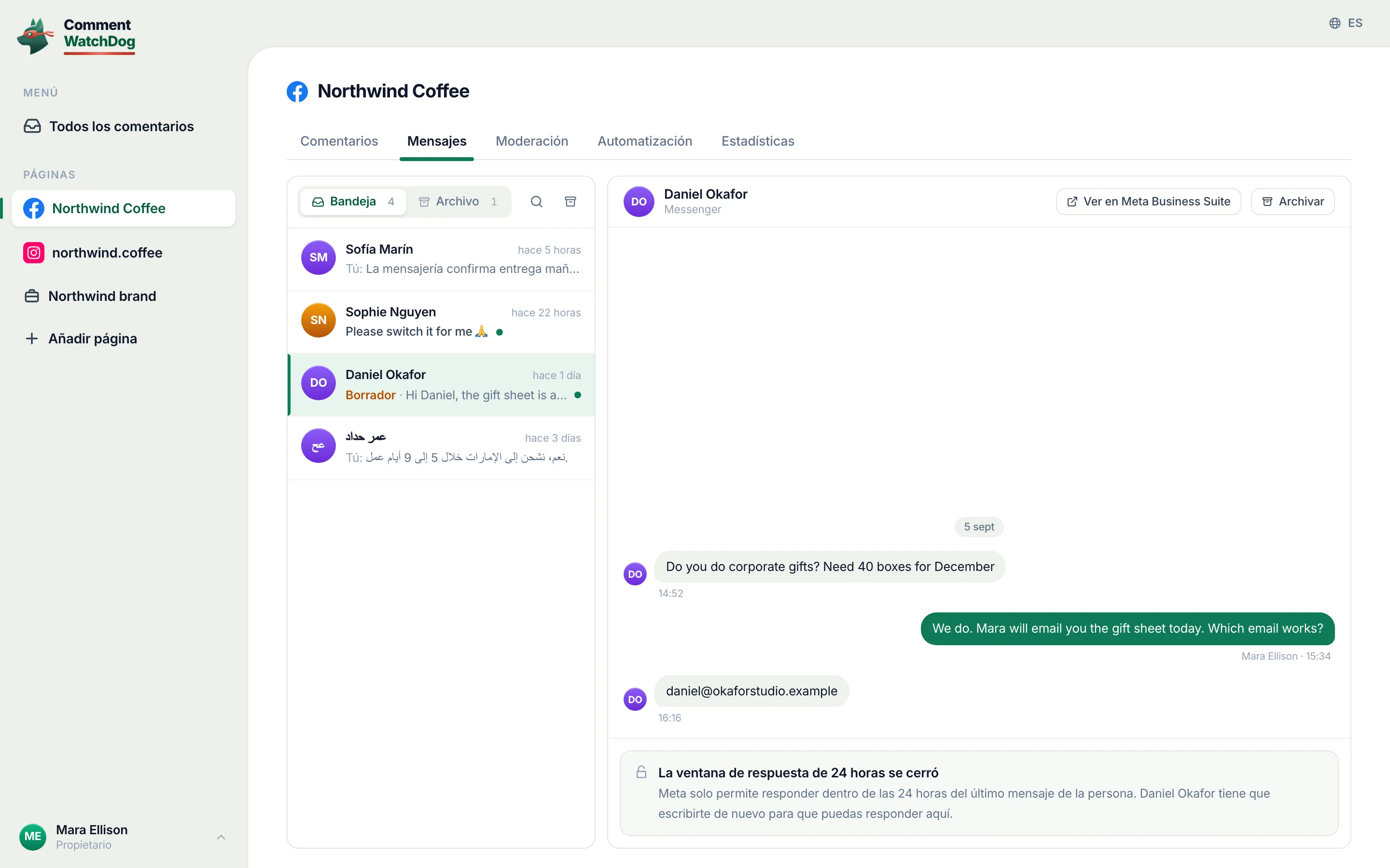 Un hilo de Messenger pasada la ventana de 24 horas: el editor se reemplaza por la explicación de que Meta solo permite responder dentro de las 24 horas posteriores al último mensaje de la persona.