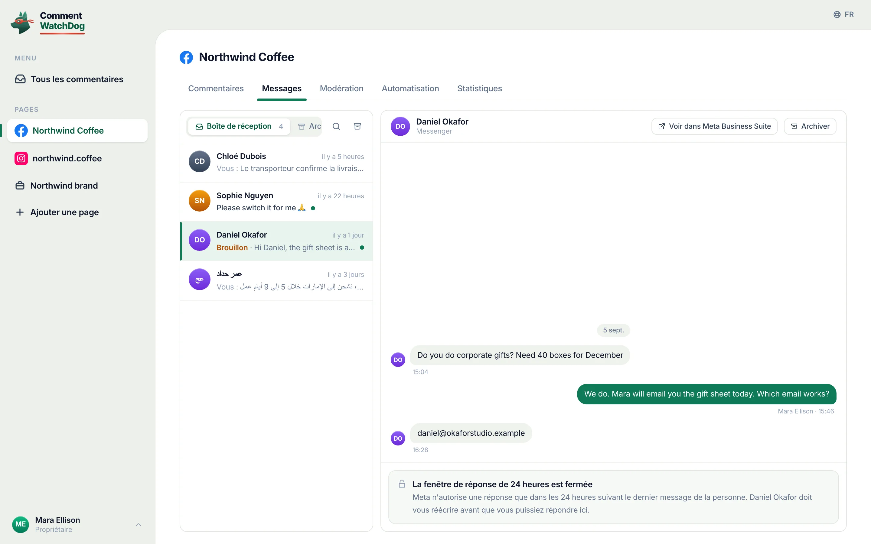 Un fil Messenger après la fenêtre de 24 heures : la zone de saisie est remplacée par l'explication indiquant que Meta n'autorise une réponse que dans les 24 heures suivant le dernier message de la personne.