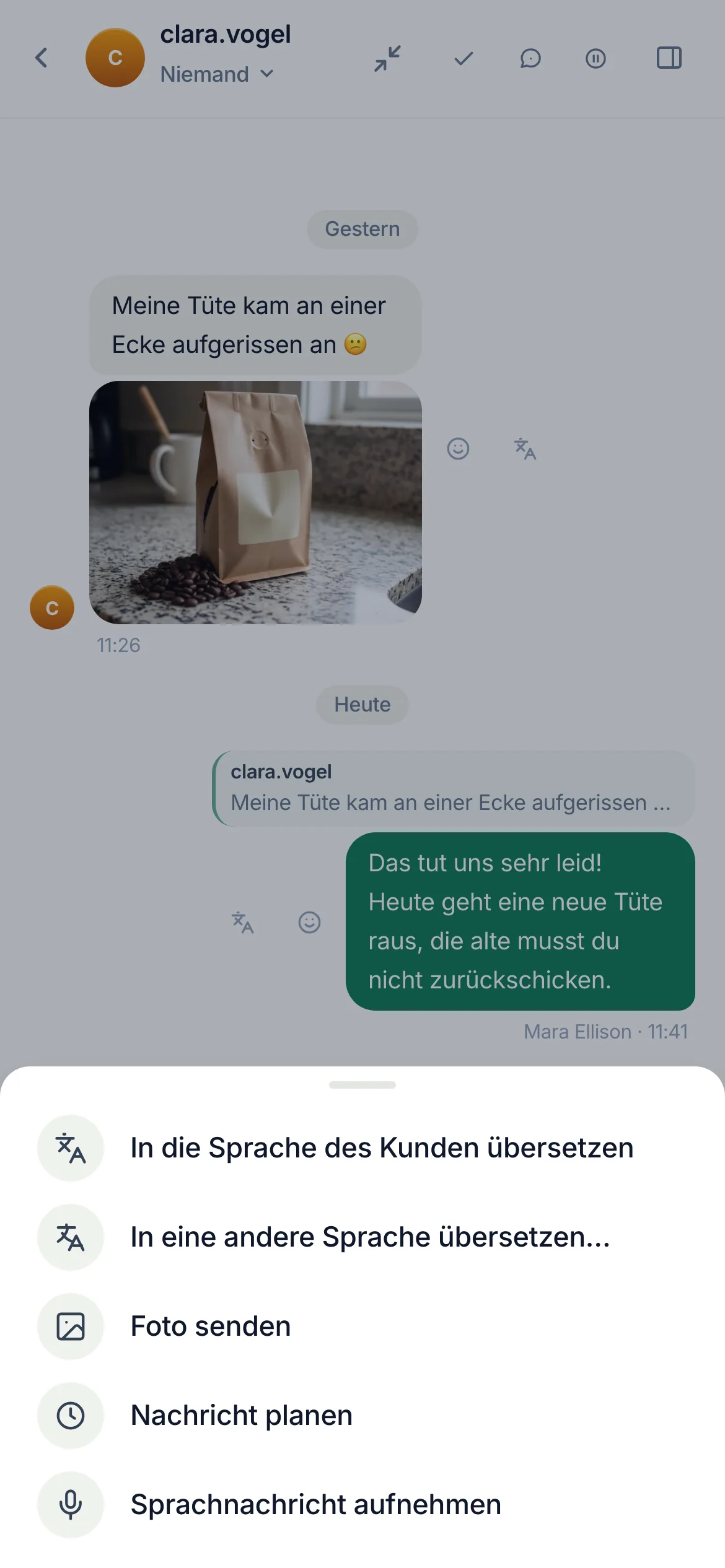 „In die Sprache des Kunden übersetzen“, im Panel hinter dem +.