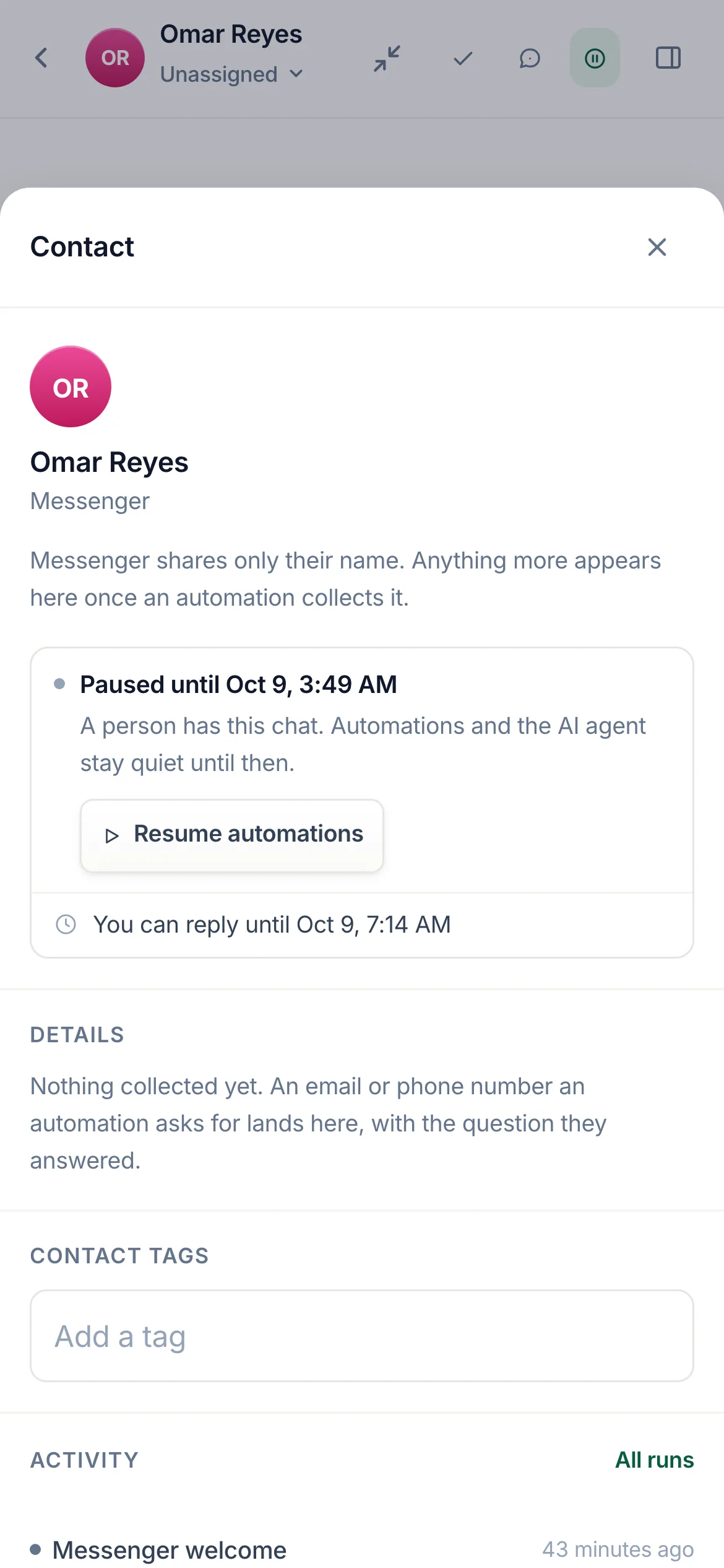 The contact panel of a Messenger chat with Omar Reyes that a person has taken: Paused until Oct 9, 3:49 AM, the line A person has this chat. Automations and the AI agent stay quiet until then, a Resume automations button, and You can reply until Oct 9, 7:14 AM.