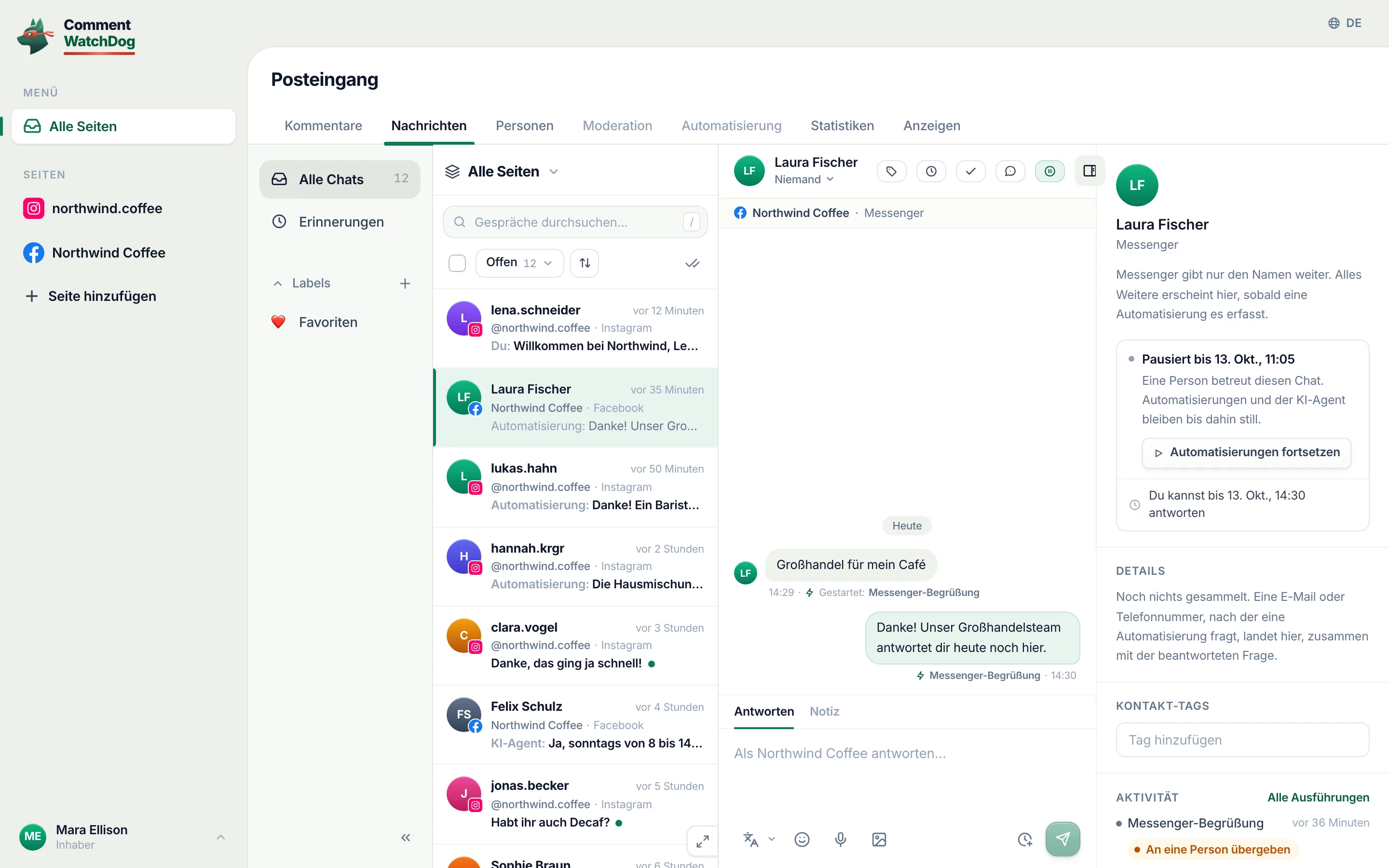 Der Kontaktbereich eines Messenger-Chats mit Omar Reyes, den eine Person übernommen hat: Pausiert bis 9. Okt., 3:49 Uhr, die Zeile Eine Person betreut diesen Chat. Automatisierungen und der KI-Agent bleiben bis dahin still, ein Button „Automatisierungen fortsetzen“ und Du kannst bis 9. Okt., 7:14 Uhr antworten.
