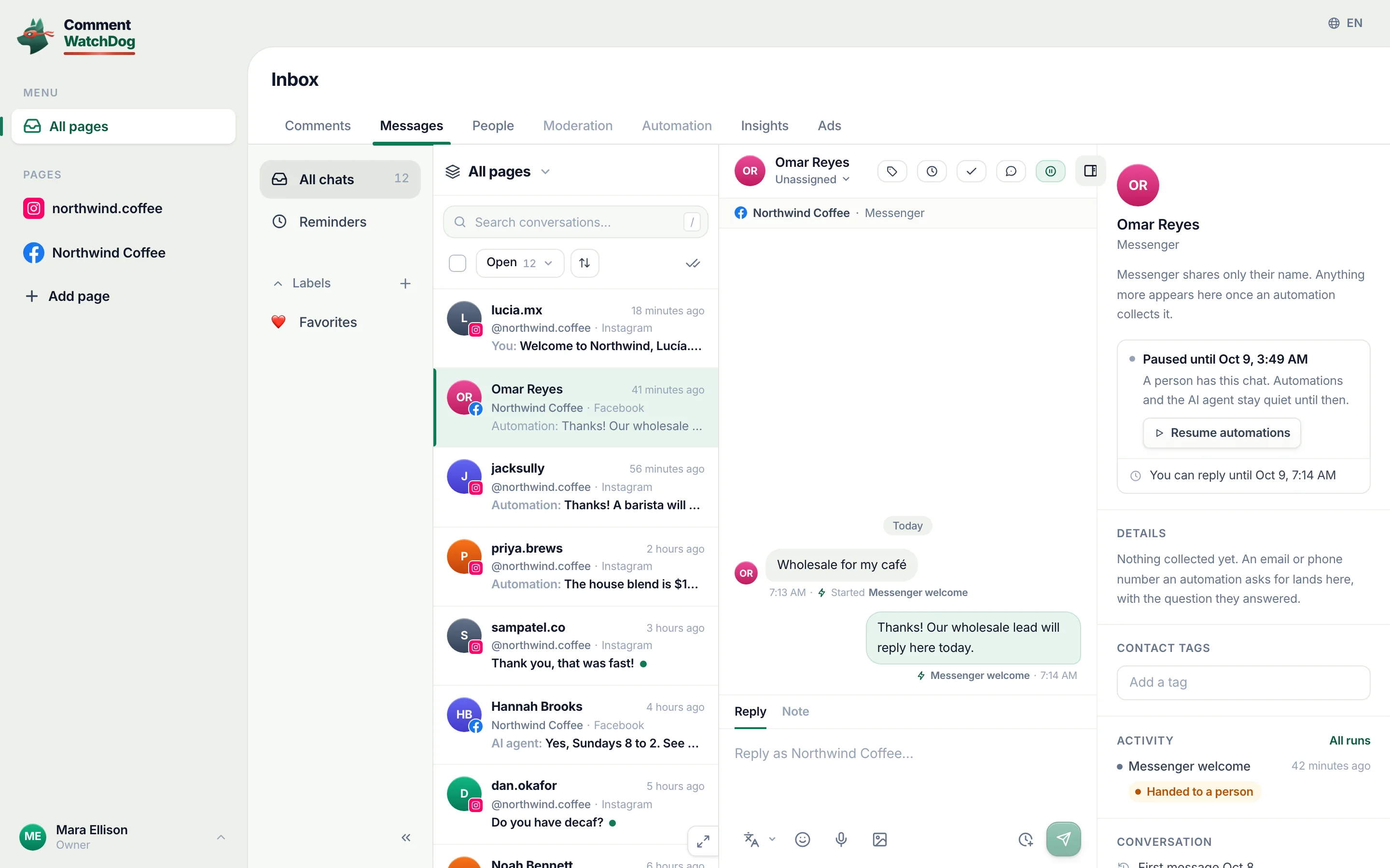 The contact panel of a Messenger chat with Omar Reyes that a person has taken: Paused until Oct 9, 3:49 AM, the line A person has this chat. Automations and the AI agent stay quiet until then, a Resume automations button, and You can reply until Oct 9, 7:14 AM.