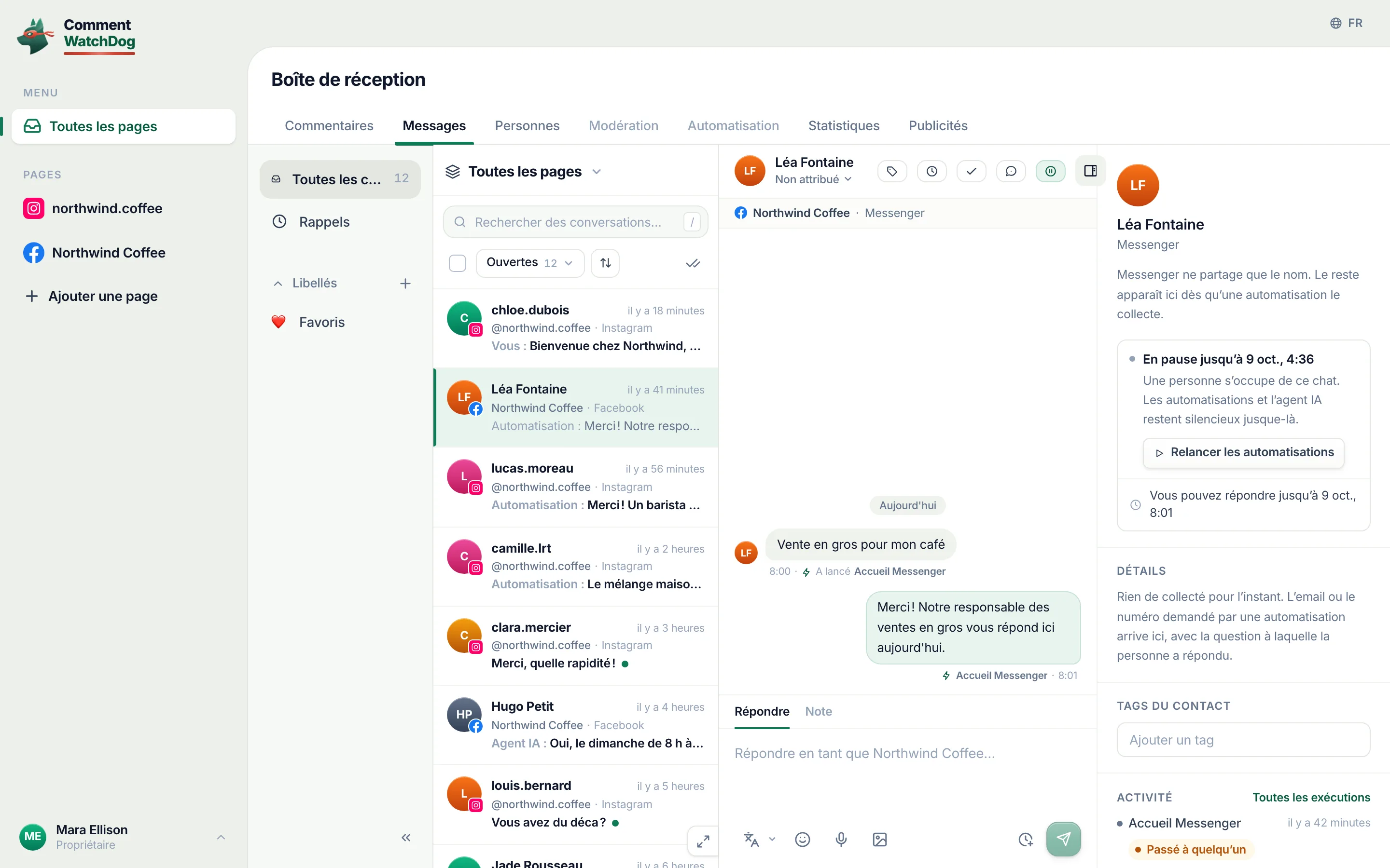 Le panneau de contact d’un chat Messenger avec Omar Reyes repris par une personne&nbsp;: En pause jusqu’au 9 oct., 3:49, la ligne Une personne s’occupe de ce chat. Les automatisations et l’agent IA restent silencieux jusque-là, un bouton Relancer les automatisations, et Vous pouvez répondre jusqu’au 9 oct., 7:14.