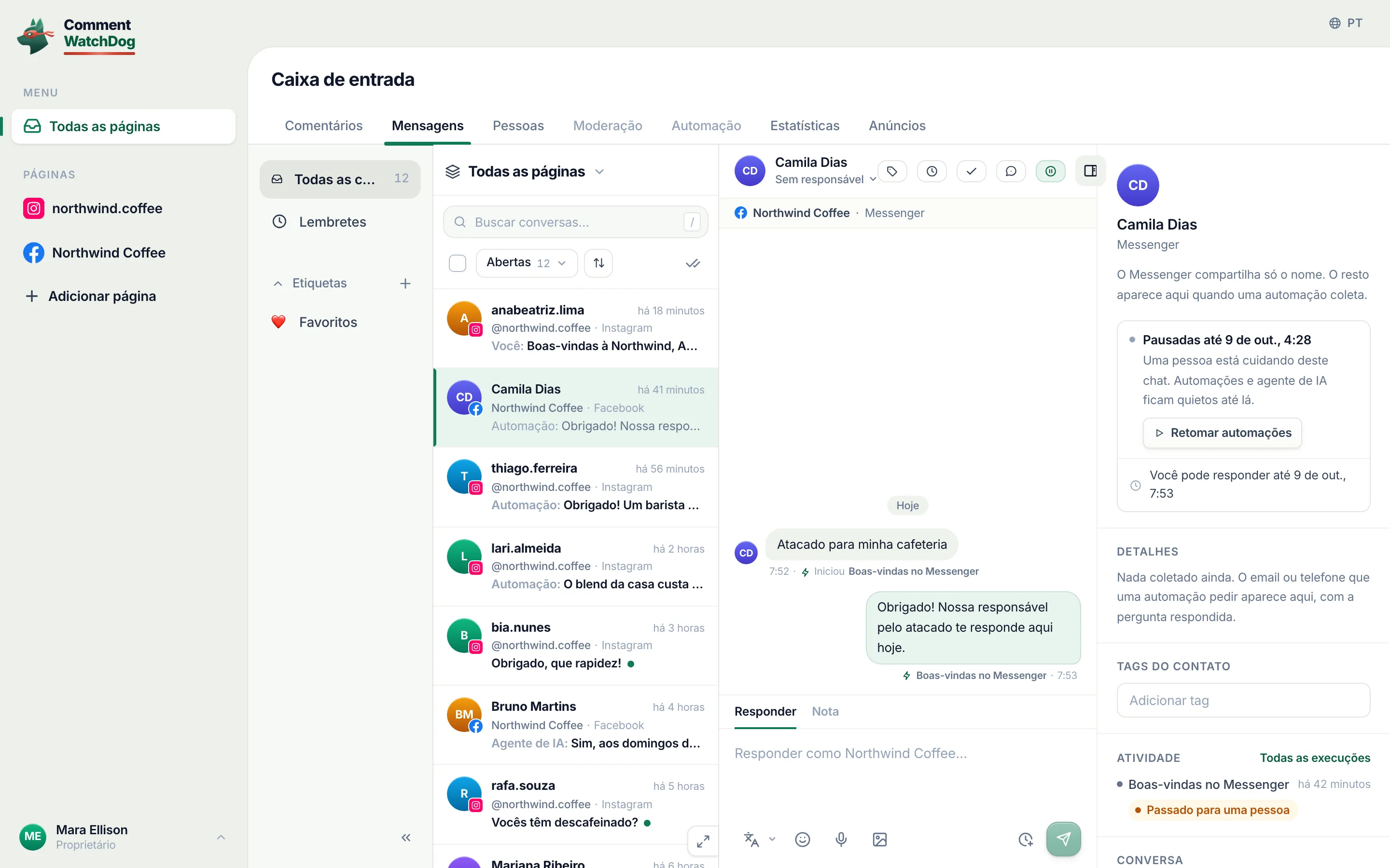 O painel do contato de um chat do Messenger com Omar Reyes que uma pessoa assumiu: Pausadas até 9 de out., 3:49, a linha Uma pessoa está cuidando deste chat. Automações e agente de IA ficam quietos até lá, um botão Retomar automações, e Você pode responder até 9 de out., 7:14.