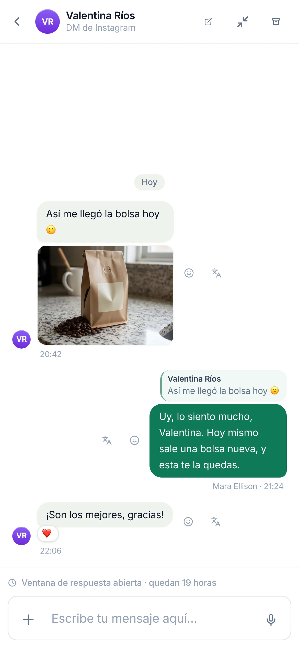 Un hilo de DM de Instagram junto a la lista de conversaciones: una foto del cliente, una respuesta citada, una reacción de corazón y el indicador de la ventana de respuesta.