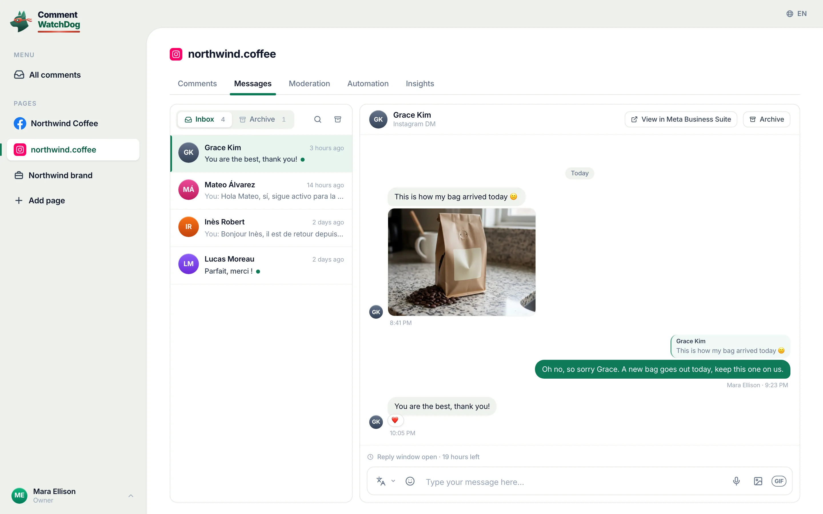 An Instagram DM thread beside the conversation list: a customer photo, a quoted reply, a heart reaction and the reply-window pill.