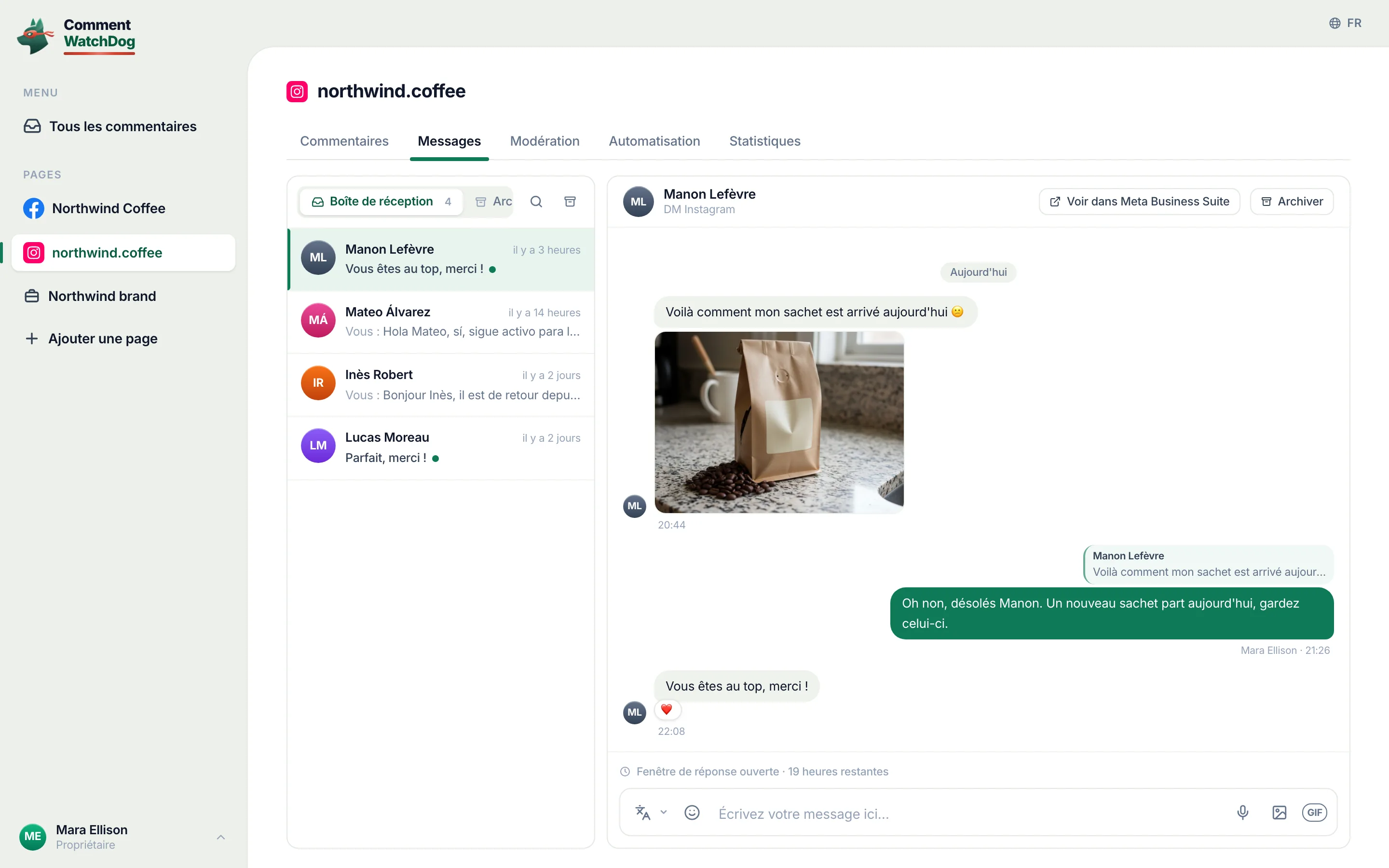 Un fil de discussion de DM Instagram.