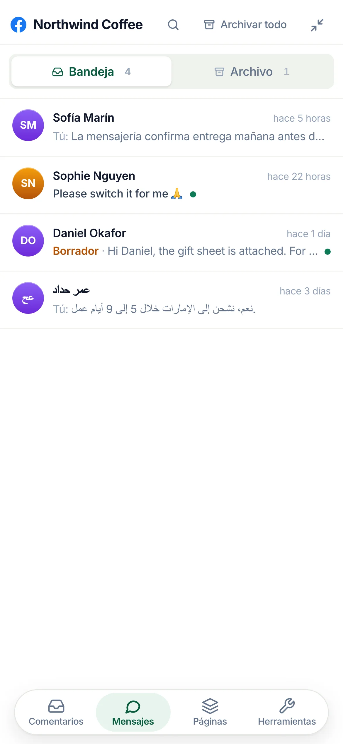 La lista de Messenger en un teléfono.