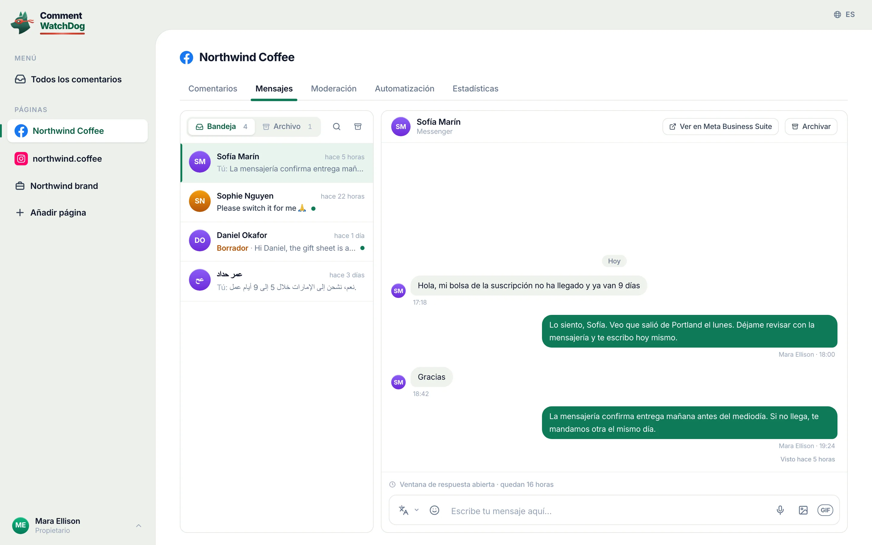 La bandeja de Messenger de la página de Facebook.