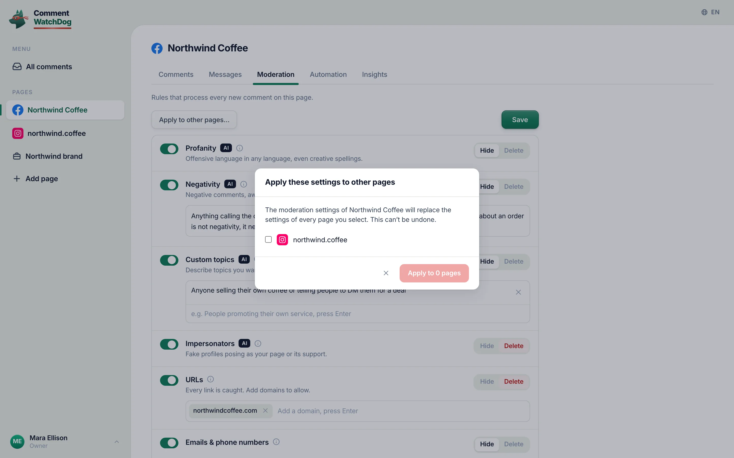 The Apply these settings to other pages dialog.
