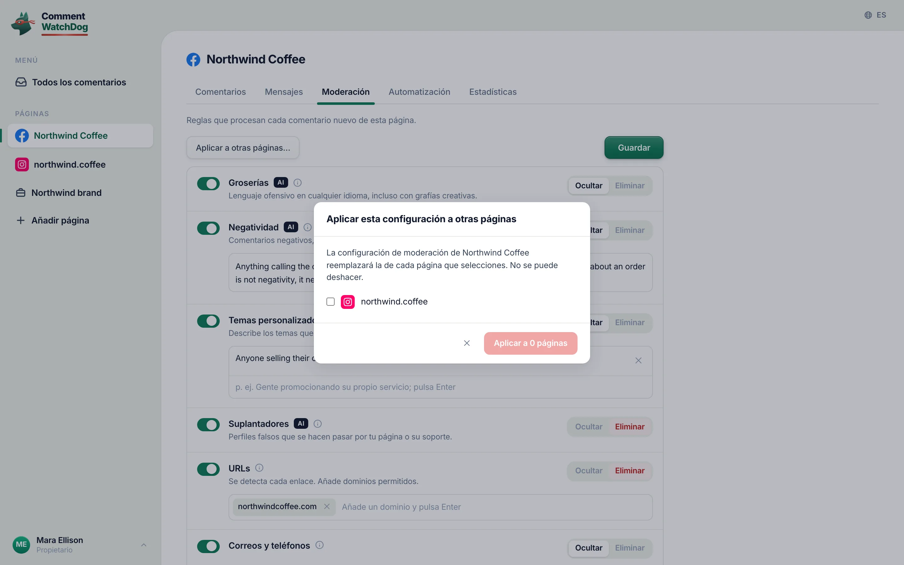 El cuadro de diálogo Aplicar esta configuración a otras páginas.