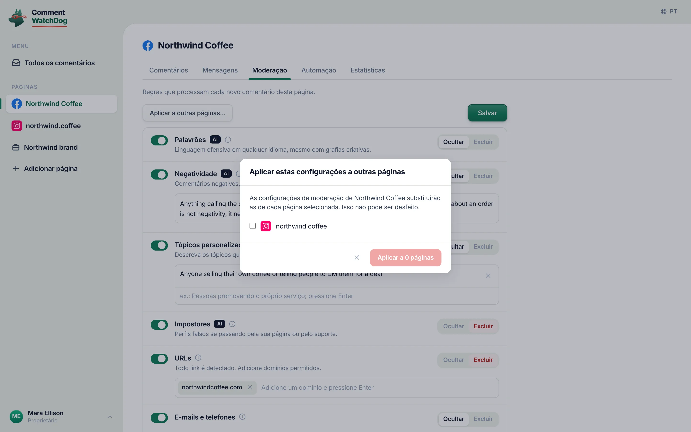 A caixa de diálogo Aplicar estas configurações a outras páginas.
