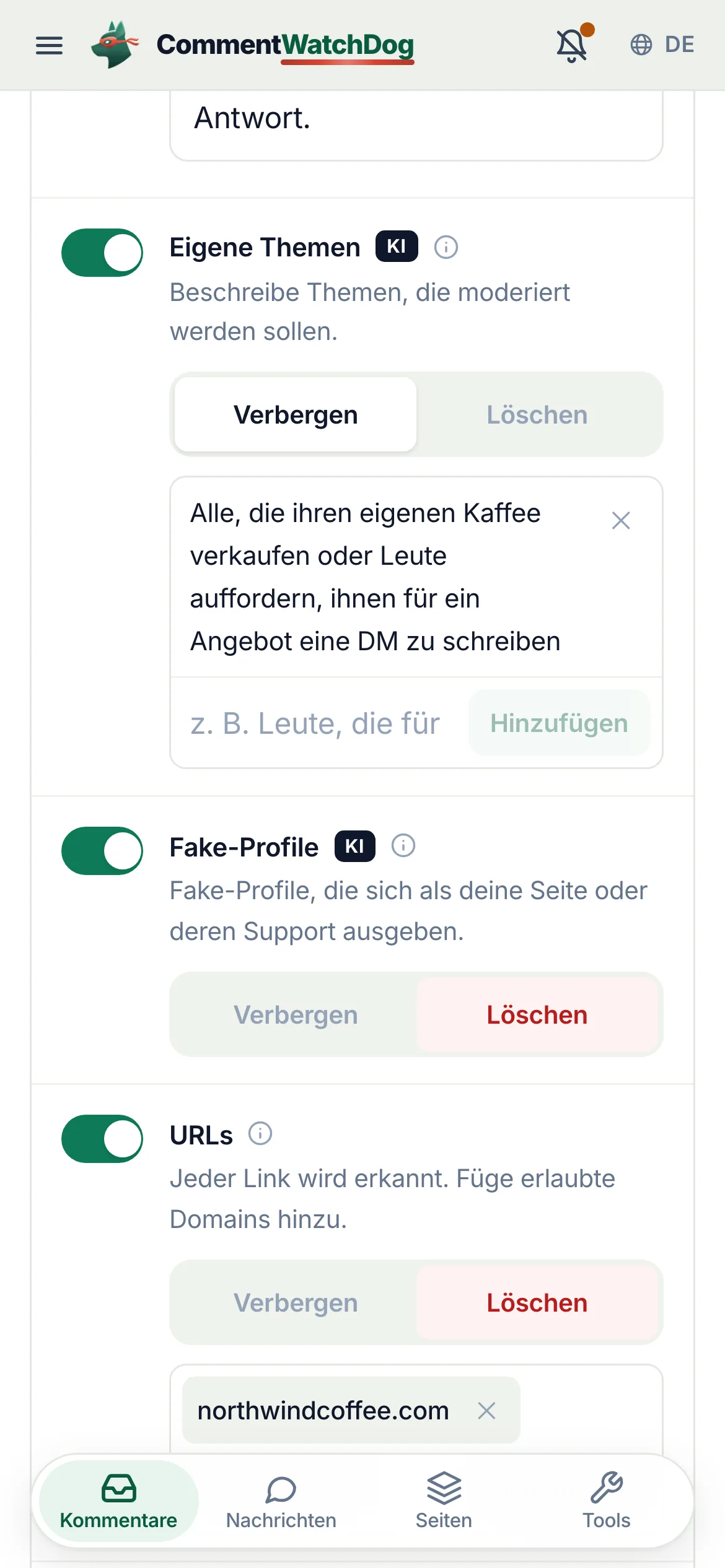 Die Moderationsregeln eines Instagram-Kontos, der Schalter „Eigene Themen“ markiert und eingeschaltet, mit dem Satz des Inhabers, der die zu verbergenden Angebote beschreibt.