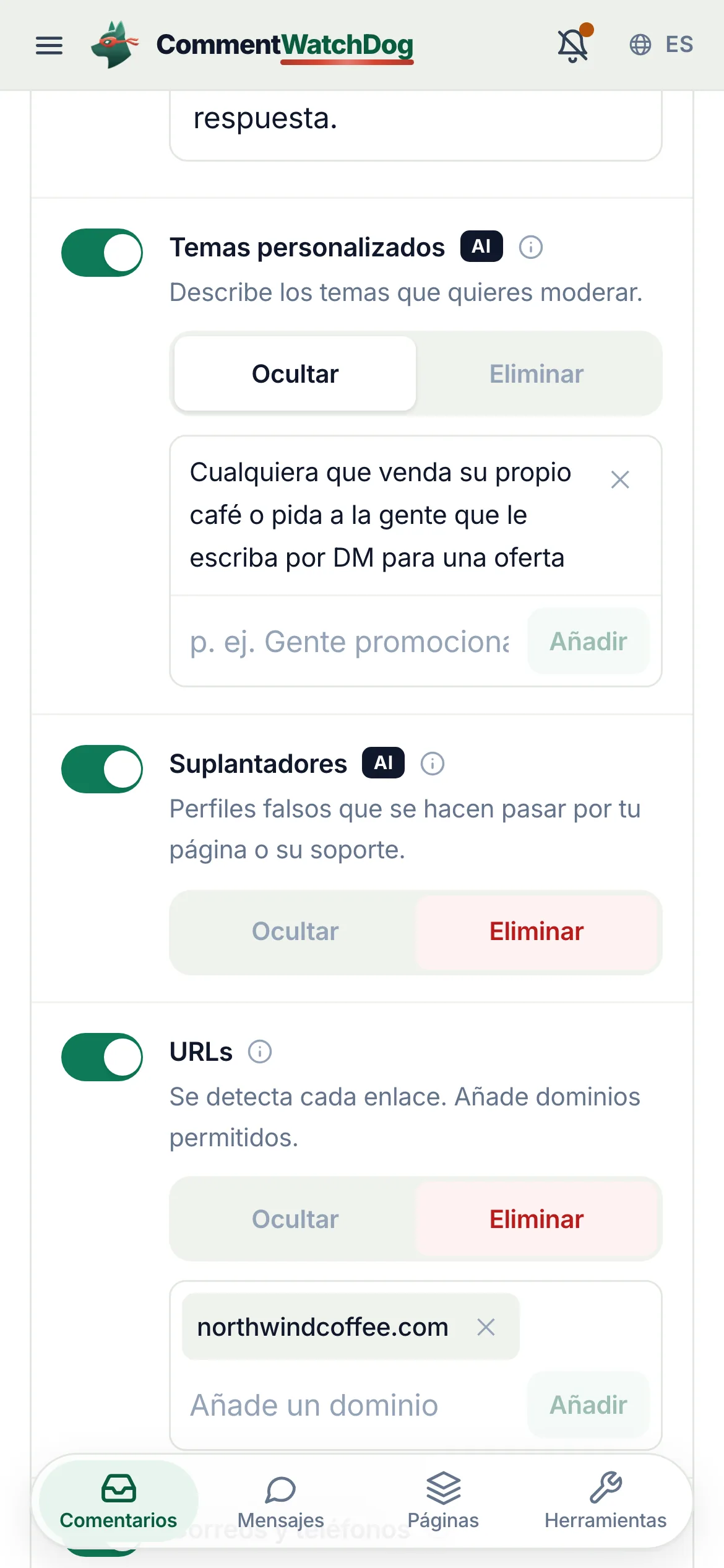 Las reglas de moderación de una cuenta de Instagram el 17 de septiembre de 2026, desplazadas hasta Temas personalizados: el interruptor rodeado y activado, Ocultar seleccionados, y el tema escrito en palabras sencillas.