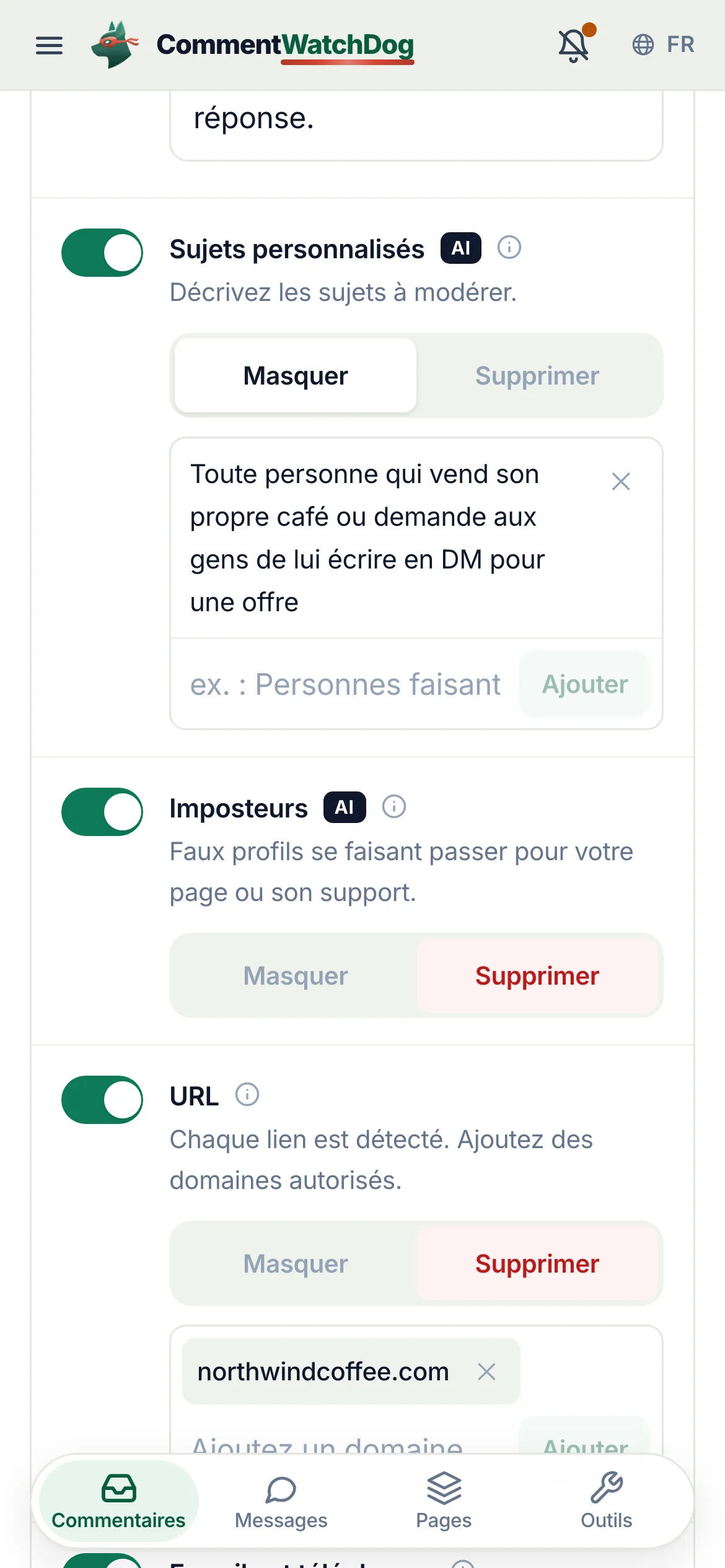 Les Règles de modération d'un compte Instagram au 17 septembre 2026, défilées jusqu'à Thèmes personnalisés : l'interrupteur entouré et activé, Masquer la sélection, et le thème écrit en mots simples.