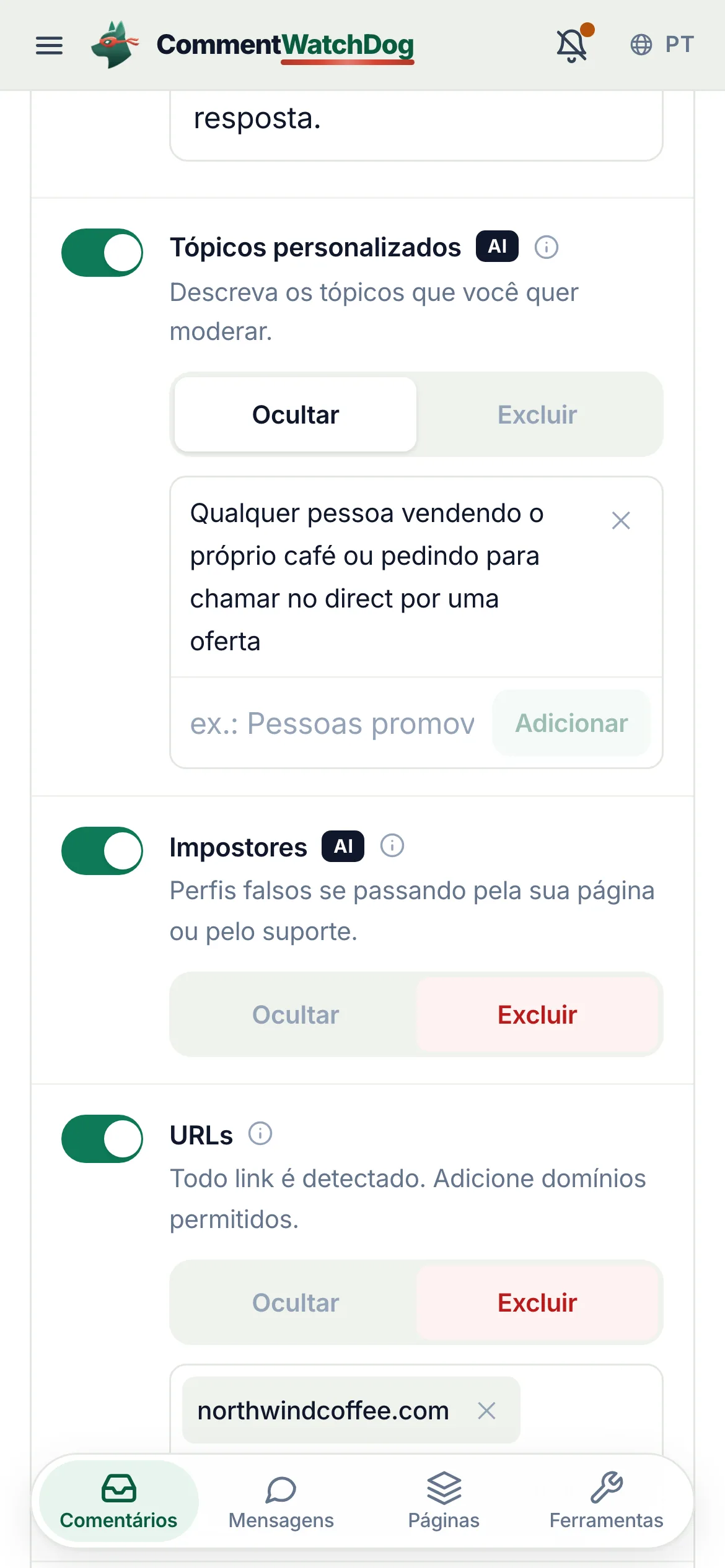 As Regras de moderação de uma conta do Instagram em 17 de setembro de 2026, roladas até Tópicos personalizados: a chave circulada e ativada, Ocultar selecionados, e o tópico escrito em palavras simples.