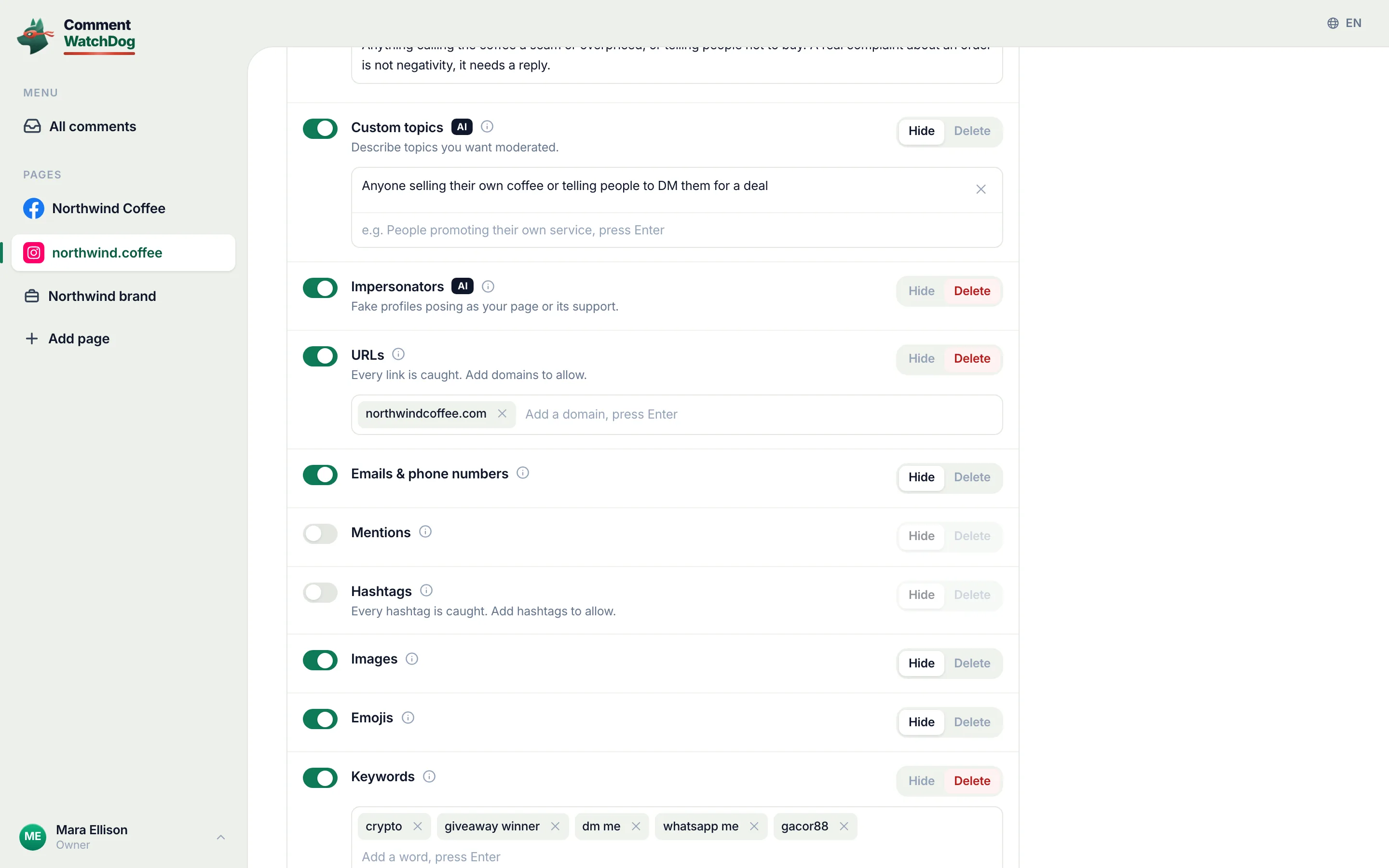 The Moderation rules of an Instagram account on September 17, 2026, scrolled to Custom topics: the switch ringed and on, Hide selected, and the topic written in plain words.
