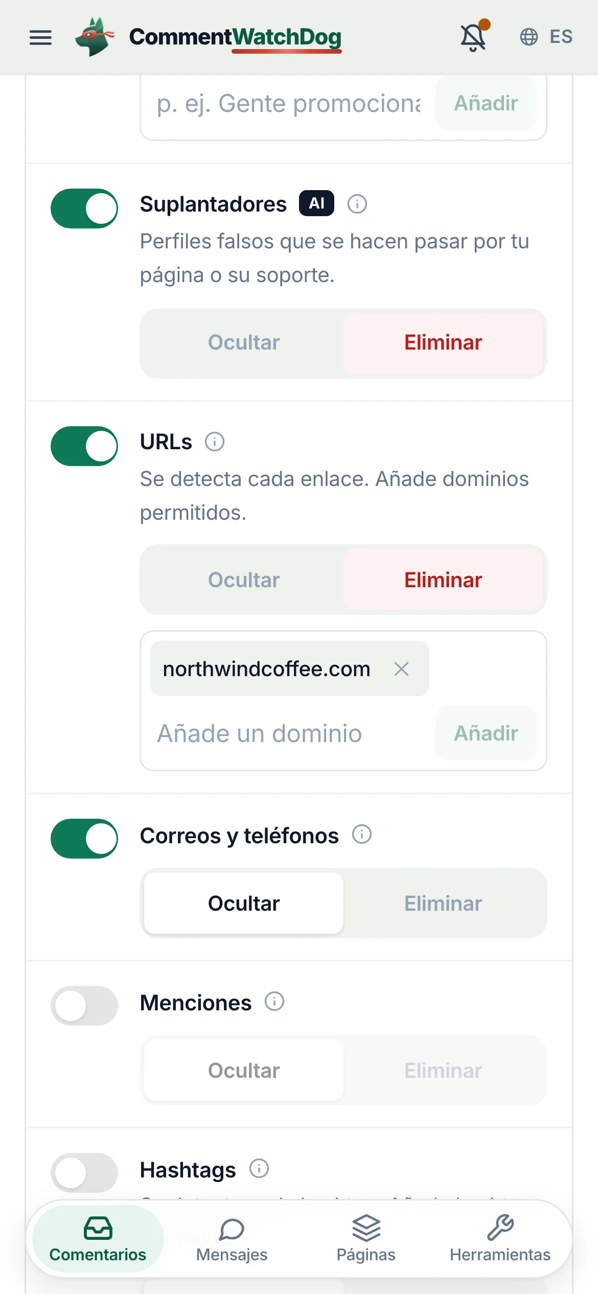 Las reglas de Moderación de una cuenta de Instagram el 17 de septiembre de 2026, el activador de Suplantadores marcado y activado, configurado para Eliminar: perfiles falsos haciéndose pasar por la página o su soporte.