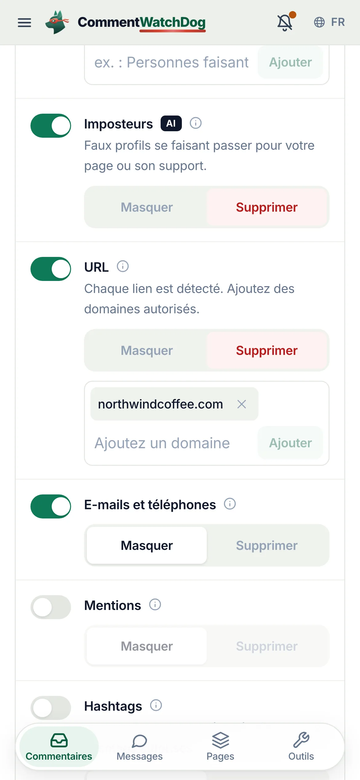 Les règles de modération d'un compte Instagram au 17 septembre 2026, le déclencheur d'Imposteurs activé et réglé sur Supprimer : faux profils se faisant passer pour la page ou son support.