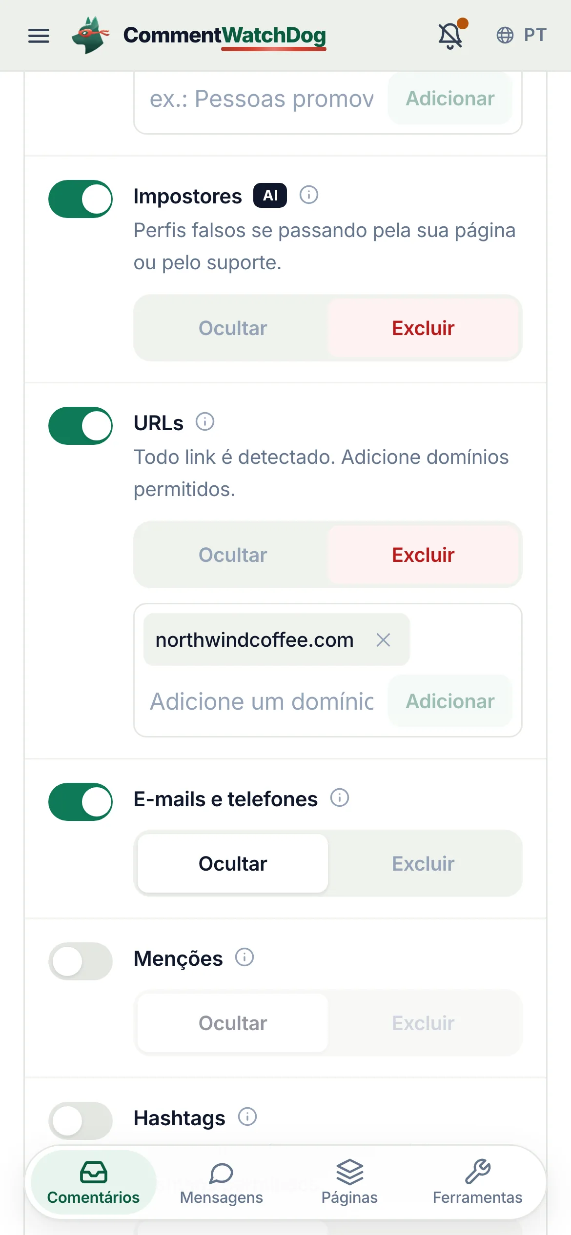 As regras de moderação de uma conta do Instagram em 17 de setembro de 2026, o interruptor de impostores acionado e ligado, configurado para Excluir: perfis falsos se passando pela página ou seu suporte.