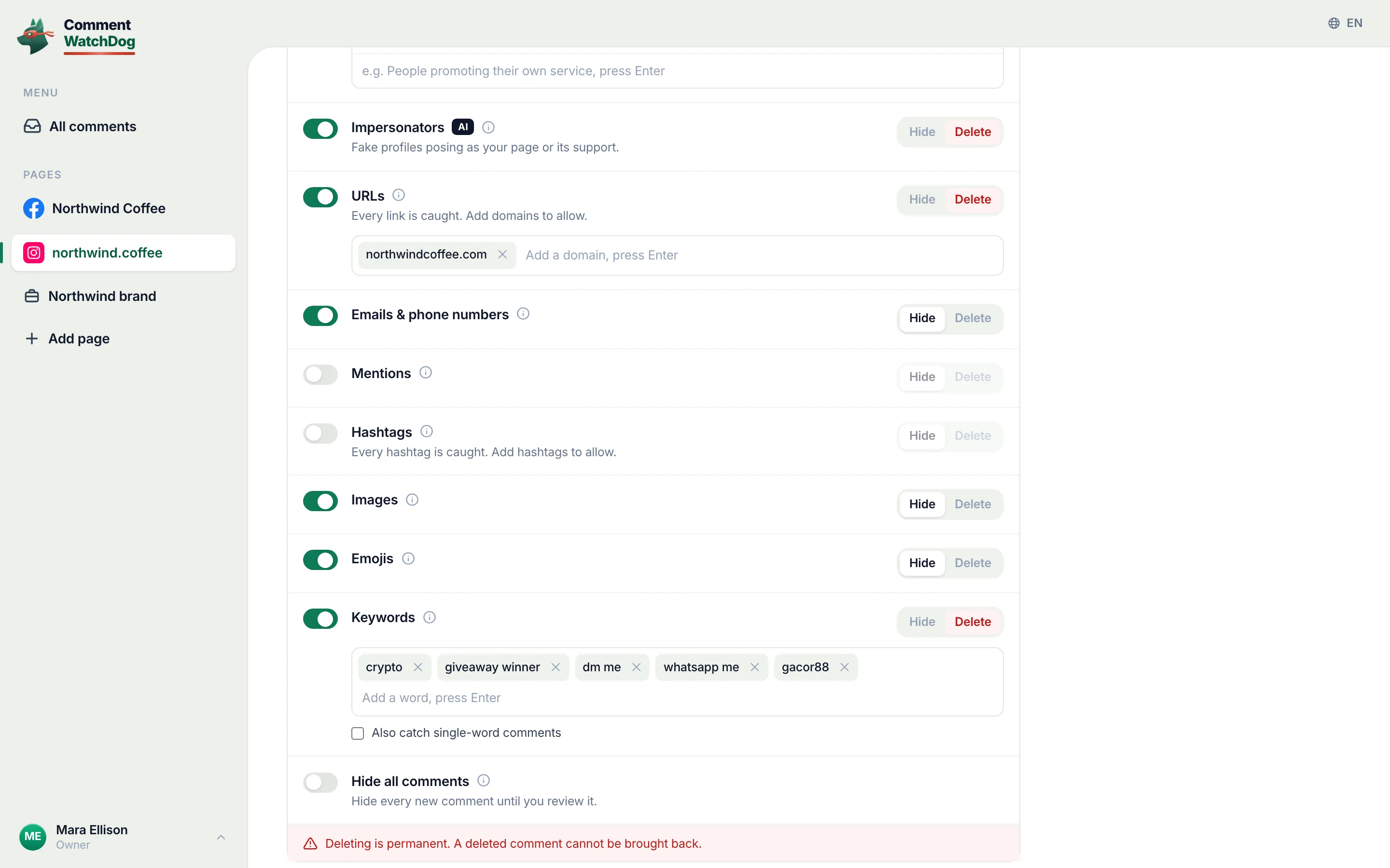 The Moderation rules of an Instagram account on September 17, 2026, the Impersonators switch ringed and on, set to Delete: fake profiles posing as the page or its support.