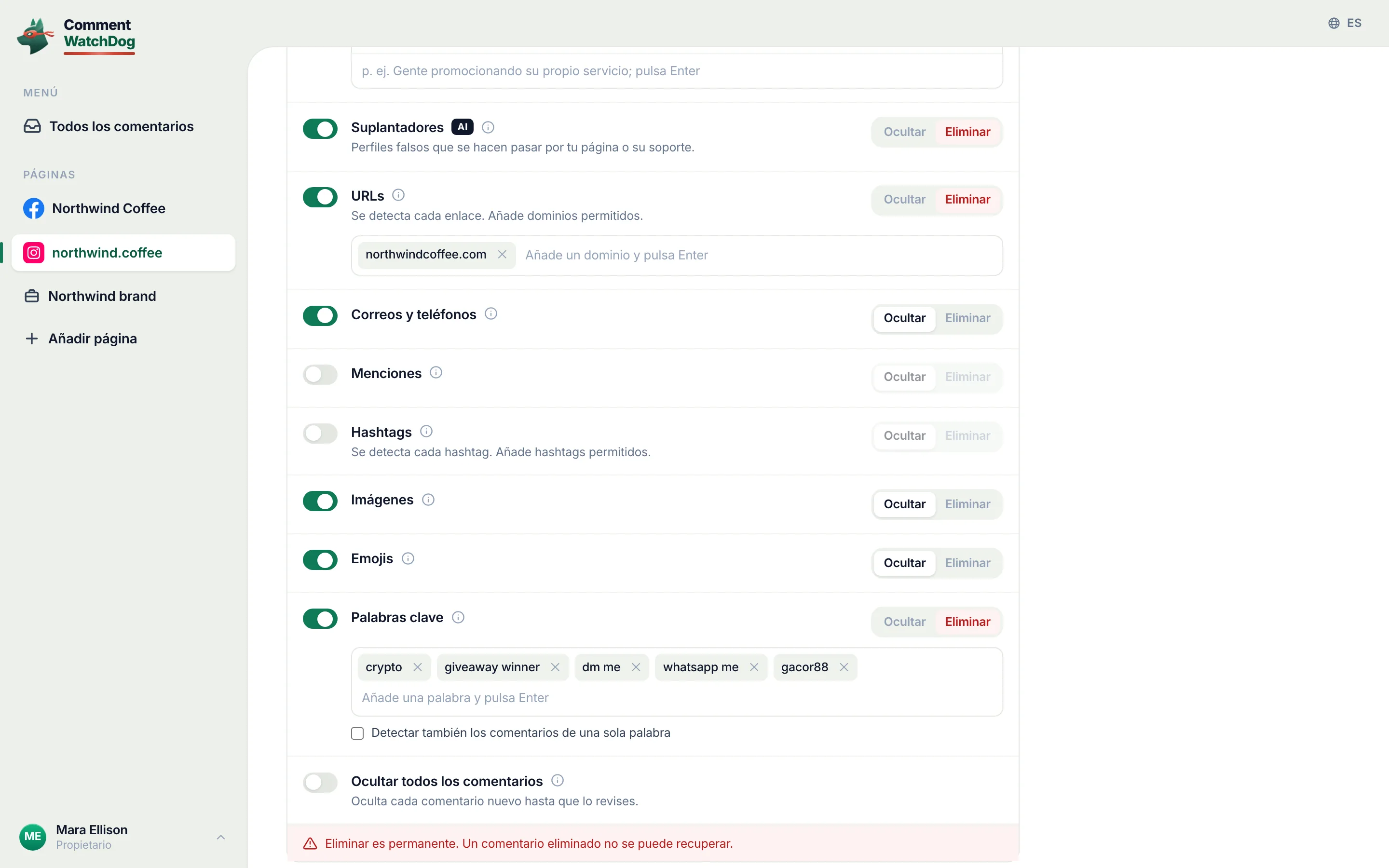 Las reglas de Moderación de una cuenta de Instagram el 17 de septiembre de 2026, el activador de Suplantadores marcado y activado, configurado para Eliminar: perfiles falsos haciéndose pasar por la página o su soporte.