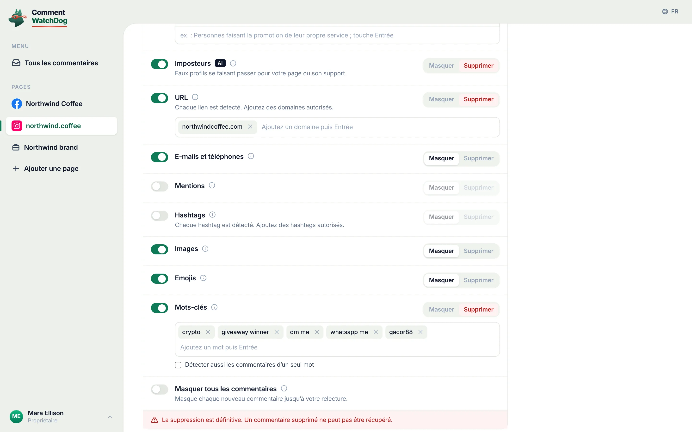 Les règles de modération d'un compte Instagram au 17 septembre 2026, le déclencheur d'Imposteurs activé et réglé sur Supprimer : faux profils se faisant passer pour la page ou son support.