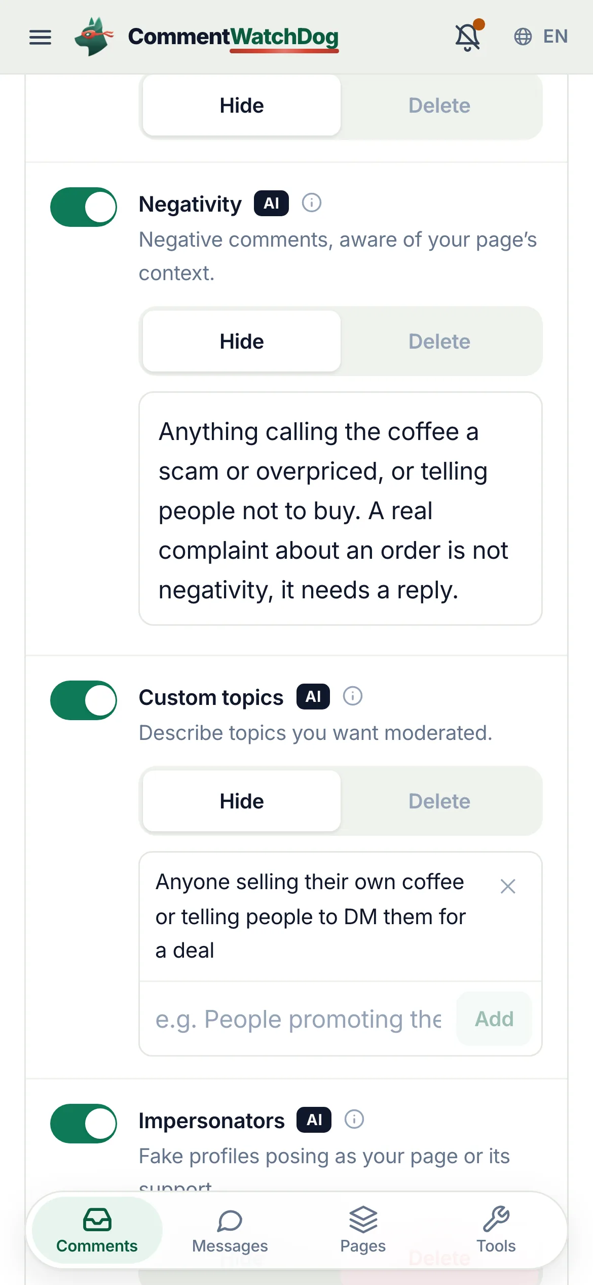 The Moderation rules of an Instagram account on September 17, 2026, the Negativity switch ringed and on, set to Hide, with the owner's words separating a scam accusation from a real complaint.