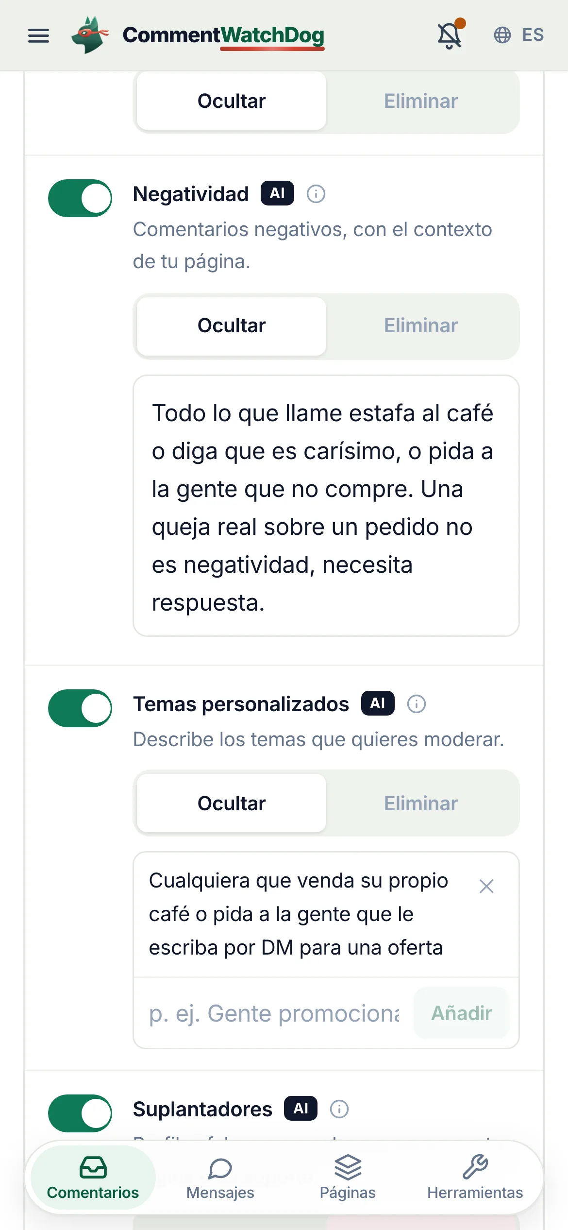 Las Reglas de moderación de una cuenta de Instagram el 17 de septiembre de 2026, el interruptor de Negatividad rodeado y activado, configurado en Ocultar, con las palabras del propietario separando una acusación de estafa de una queja real.