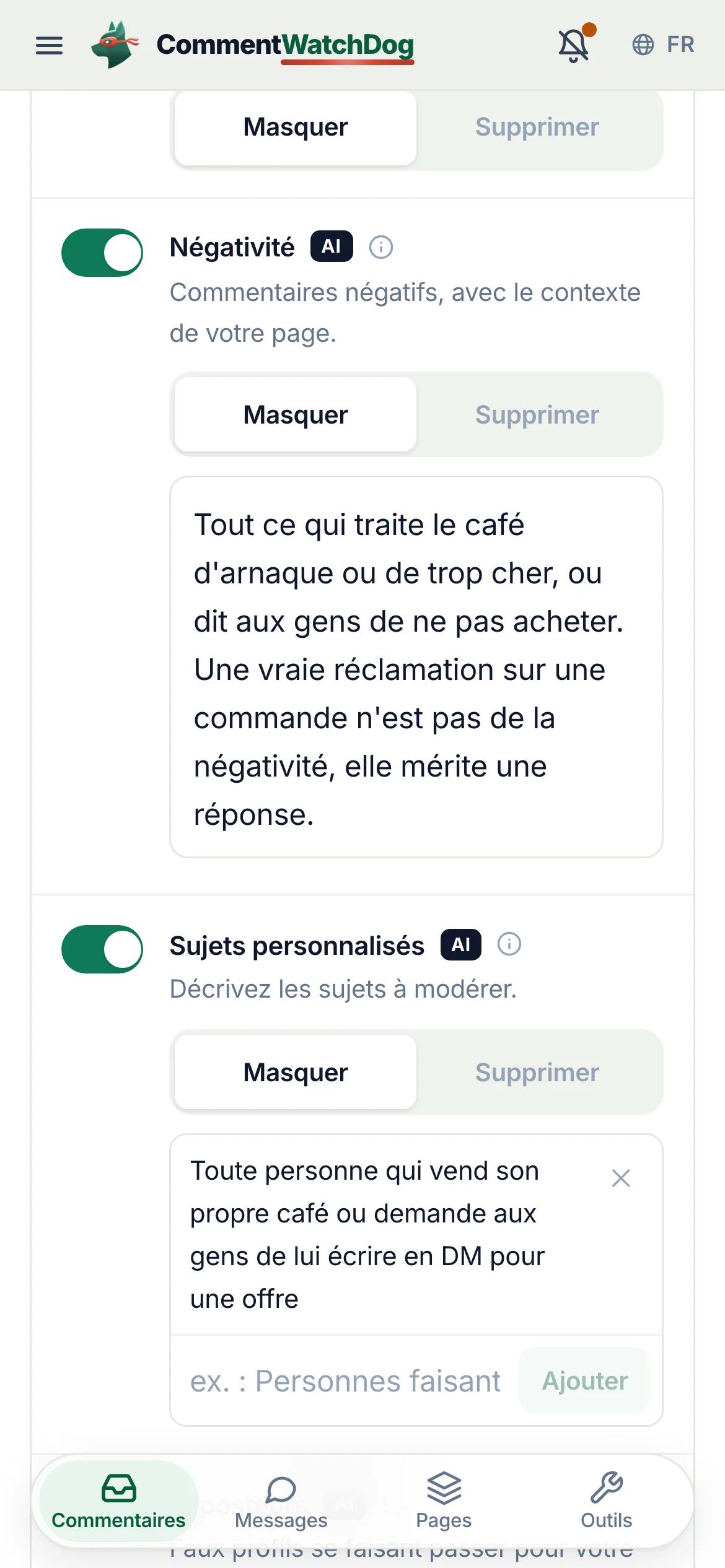 Les règles de modération d'un compte Instagram au 17 septembre 2026, l'interrupteur Négativité entouré et activé, réglé sur Masquer, avec les mots du propriétaire séparant une accusation d'arnaque d'une véritable plainte.