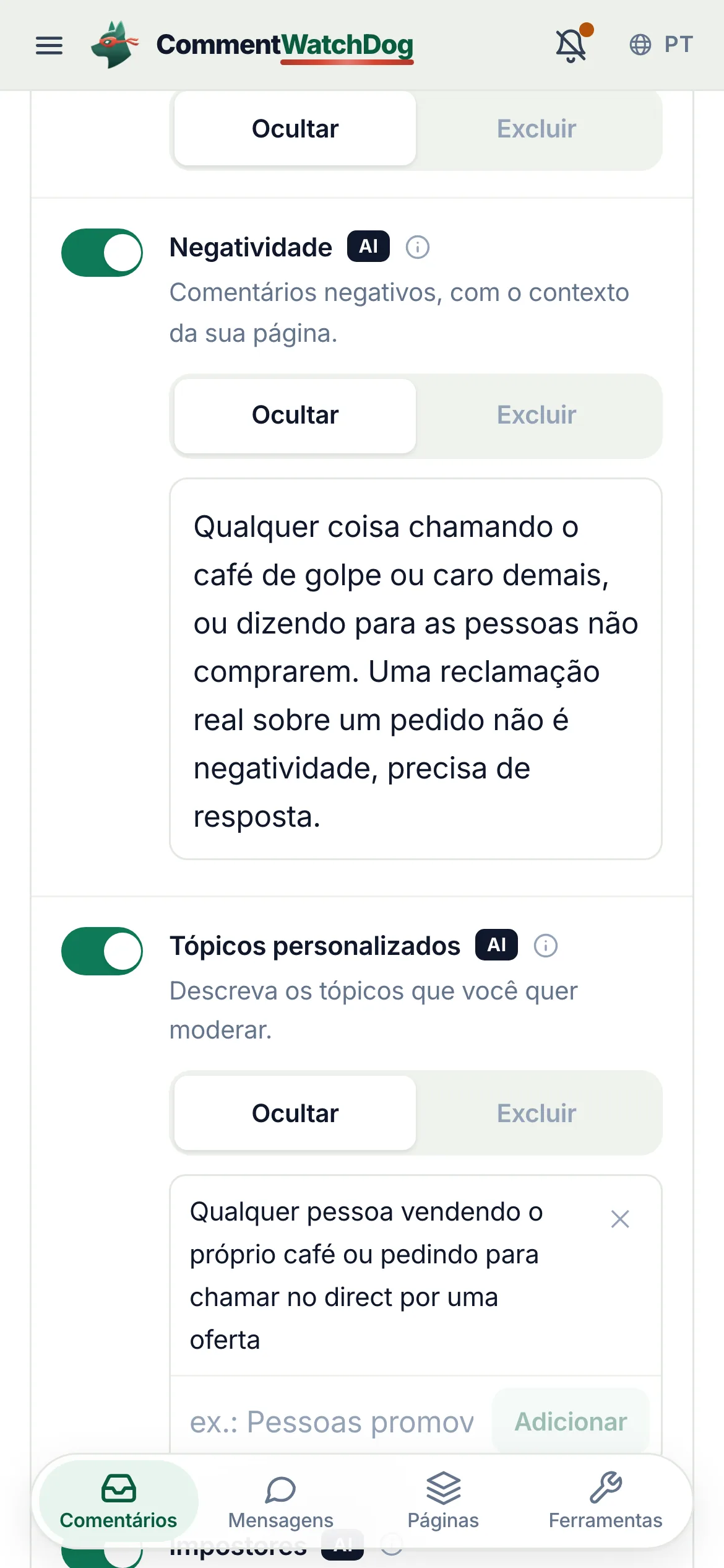 As Regras de moderação de uma conta do Instagram em 17 de setembro de 2026, a chave de Negatividade circulada e ativada, definida como Ocultar, com as palavras do proprietário separando uma acusação de golpe de uma reclamação real.