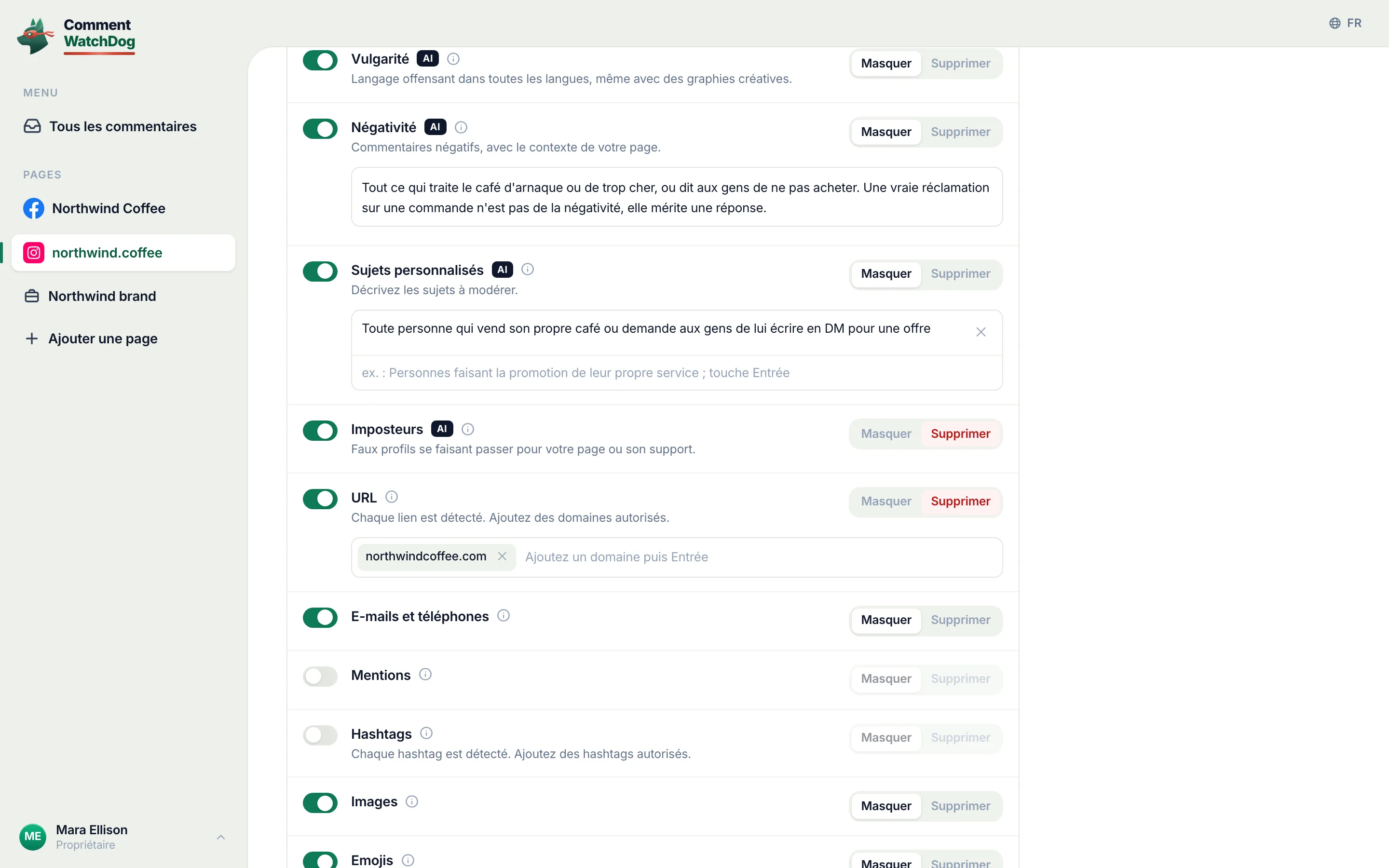 Les règles de modération d'un compte Instagram au 17 septembre 2026, la règle Négativité activée et réglée sur Masquer, avec les propres mots du propriétaire séparant une accusation d'arnaque d'une véritable plainte.