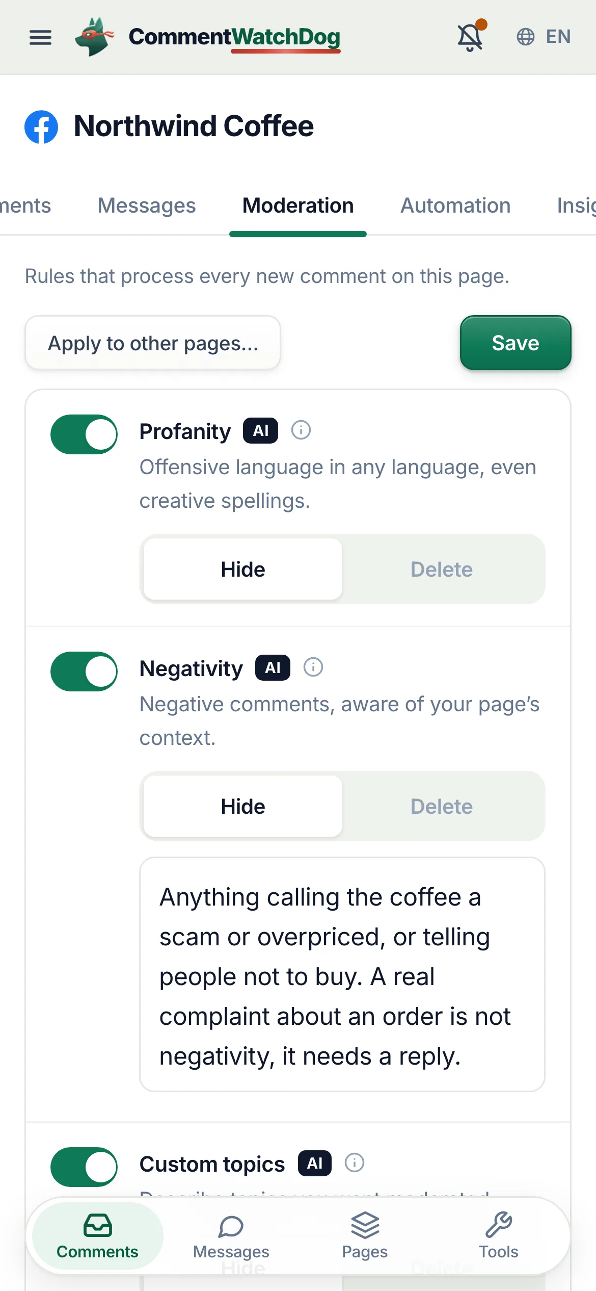 Moderation rules on a phone.