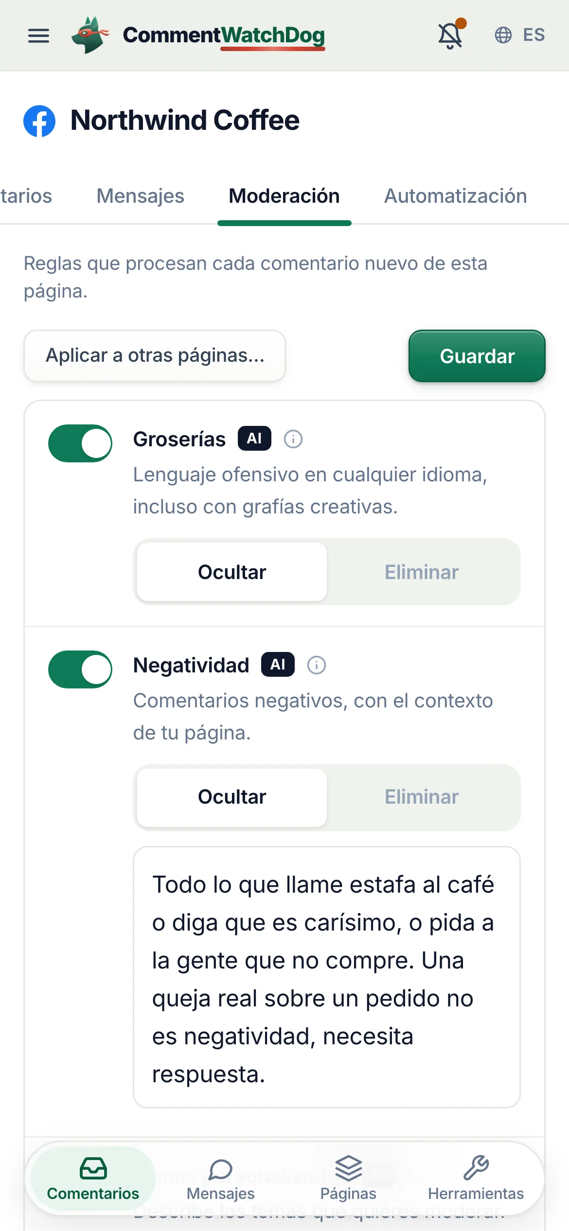 Reglas de moderación en un teléfono.