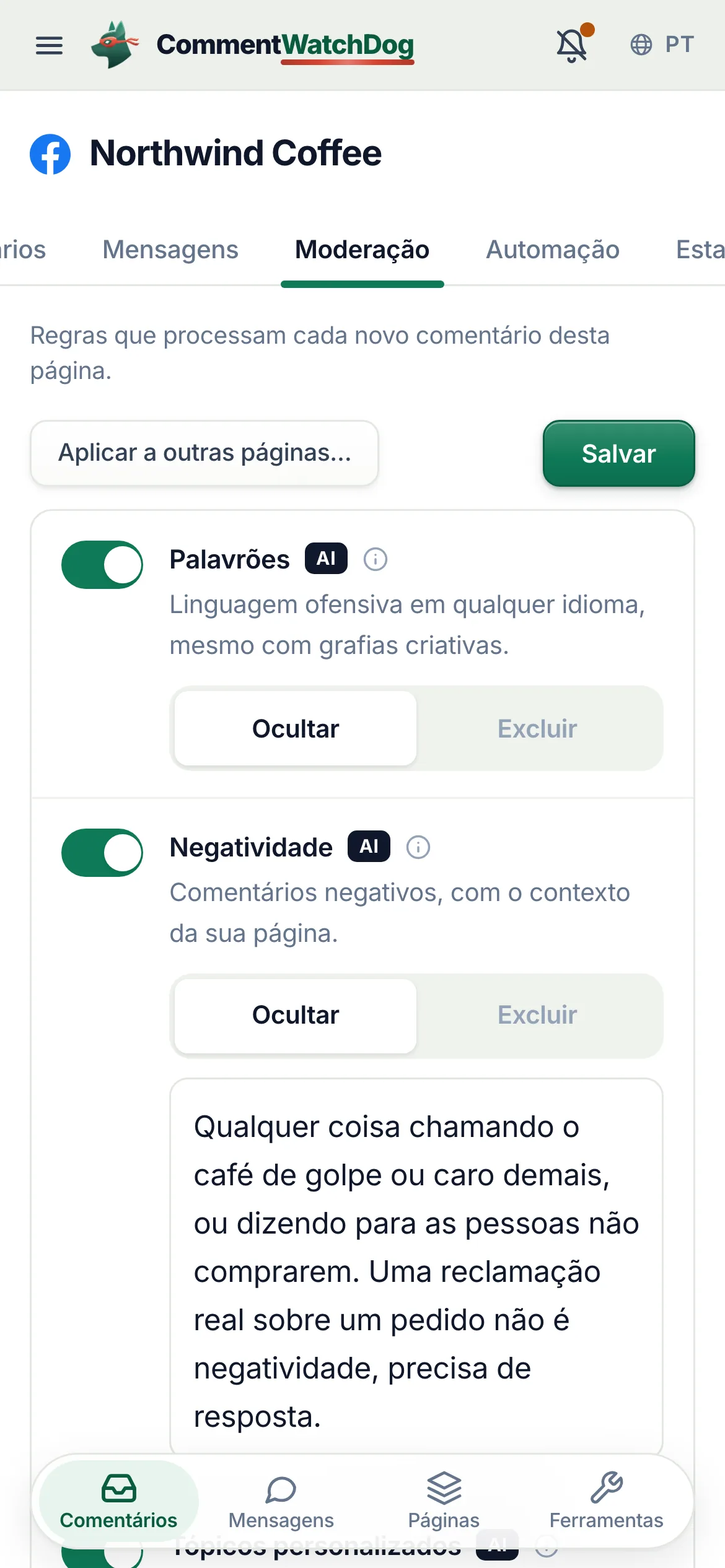 Regras de moderação no celular.
