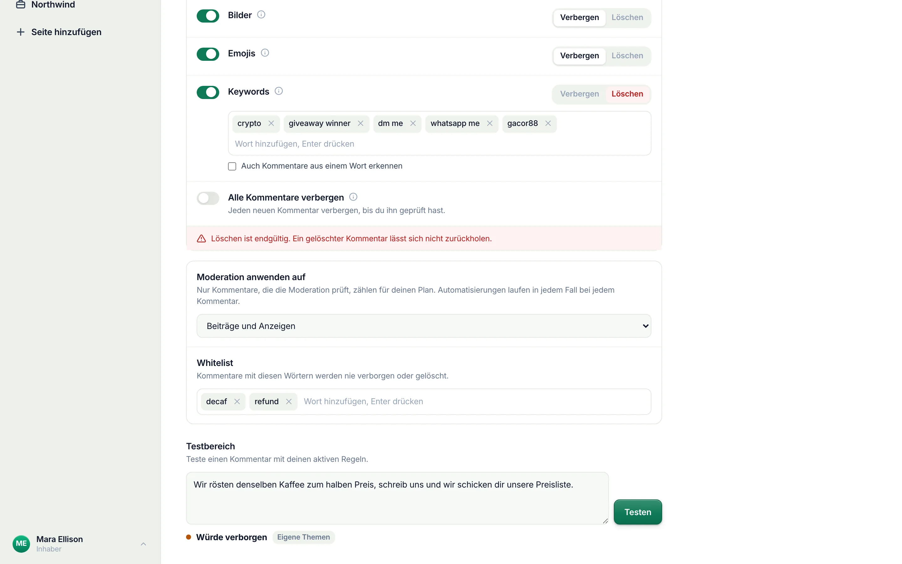 Getestet wird der Werbetext eines Mitbewerbers, ohne Link und ohne Keyword. Das Urteil unter dem Feld sagt, dass er verborgen würde, und nennt die Regel: „Eigene Themen“.