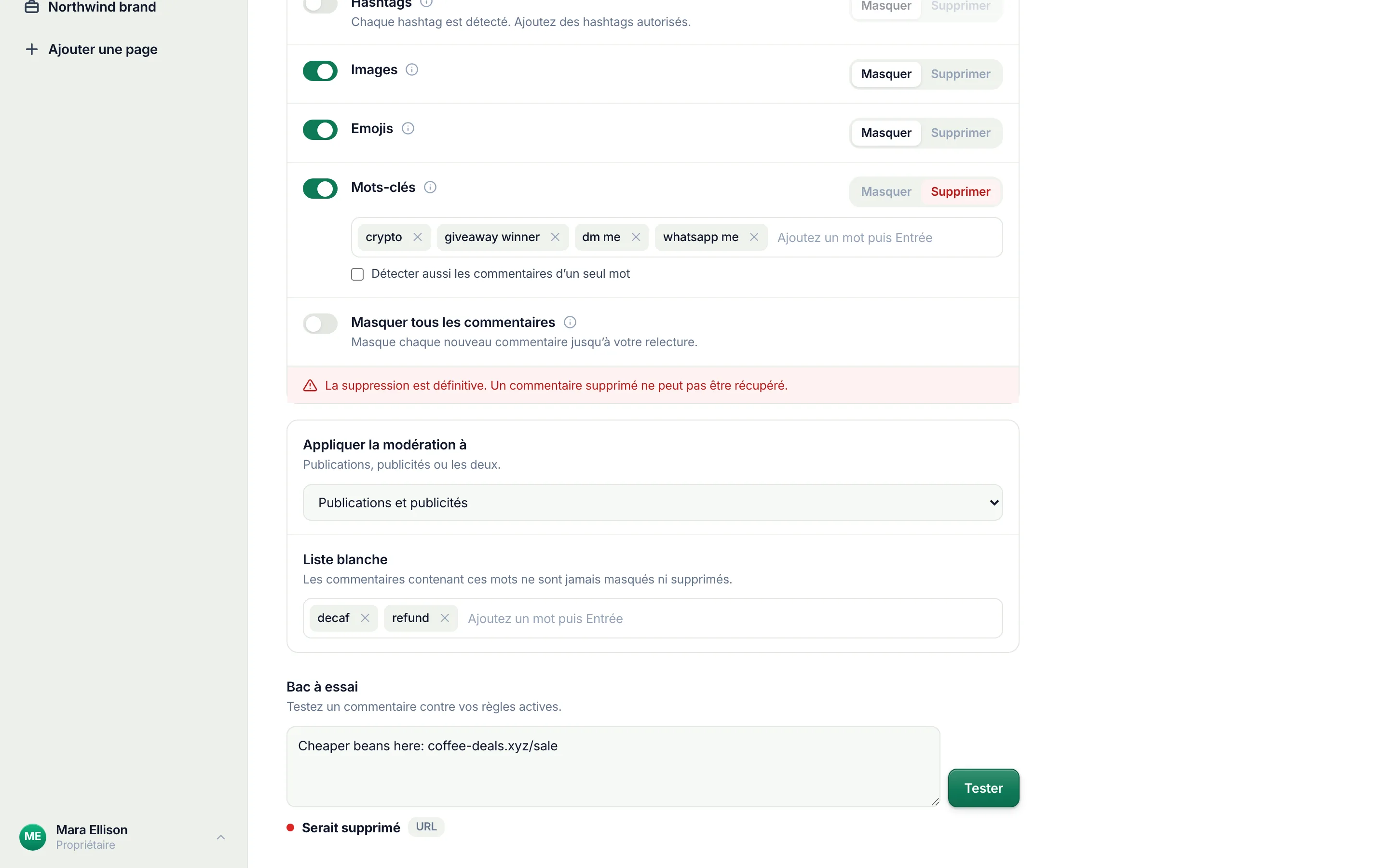 Le Bac à essai avec un commentaire de test et le verdict Serait supprimé, URL.