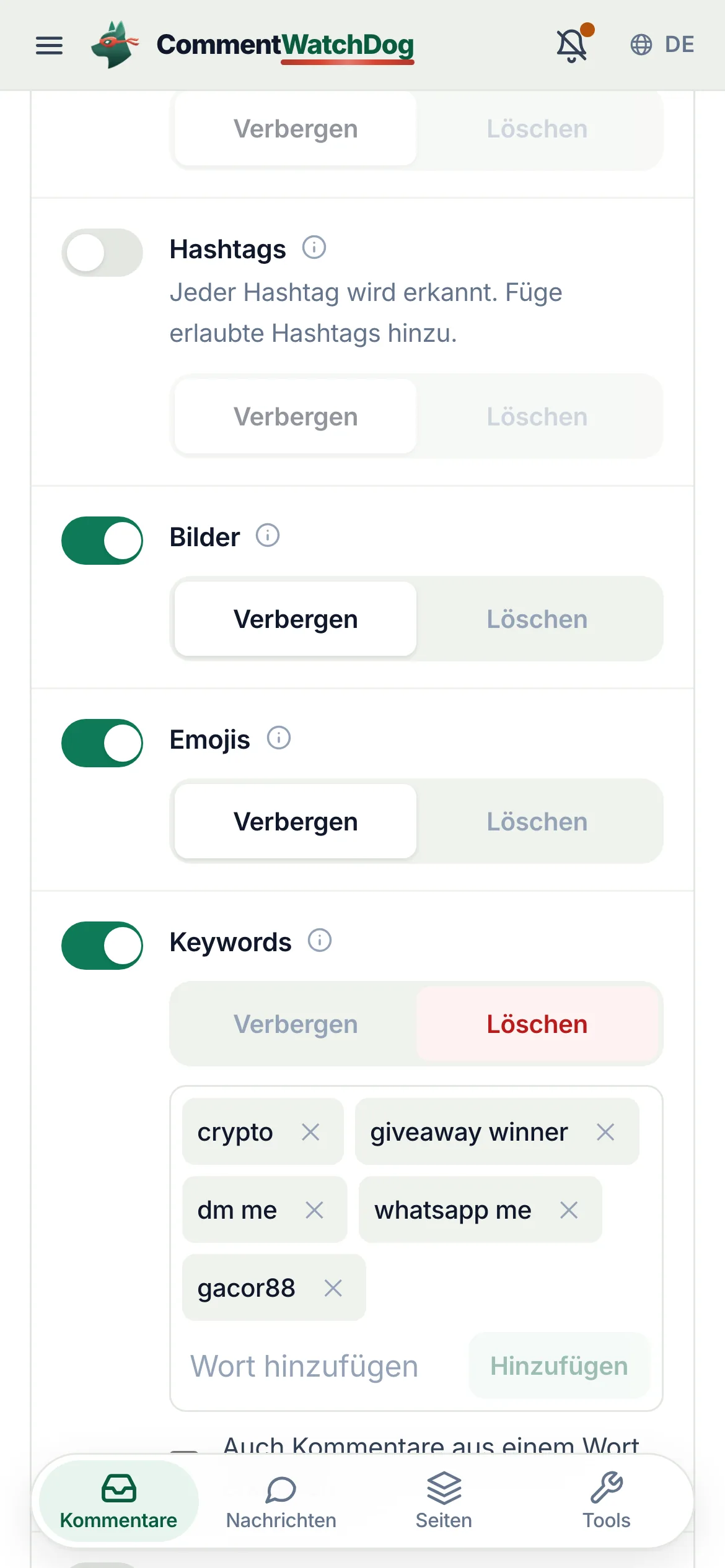 Auf dem Handy: „Hashtags“, „Bilder“, „Emojis“ und „Keywords“, mit dem Feld, in dem du ein Keyword hinzufügst.