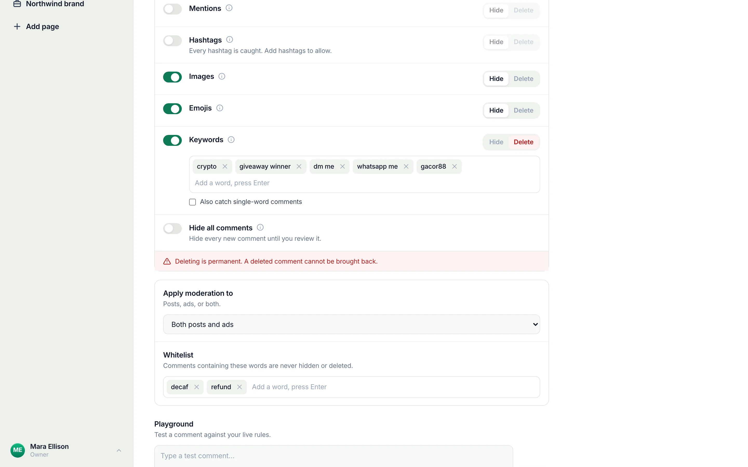 The text rules of a Facebook Page on September 17, 2026: the Keywords rule on and set to Delete, its list ringed with crypto, giveaway winner, dm me, whatsapp me and gacor88, above the Hide all comments switch.