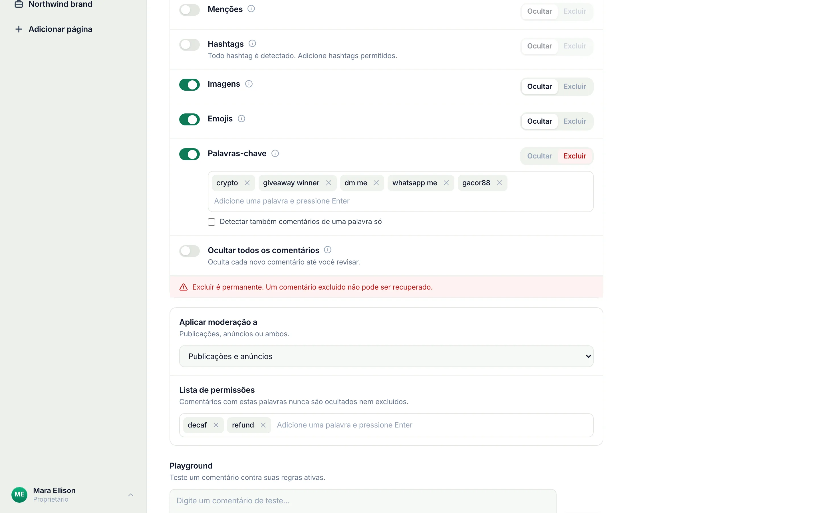 As regras de texto de uma página do Facebook em 17 de setembro de 2026: a regra de Palavras-chave ativada e definida como Excluir, sua lista circulada com cripto, vencedor do sorteio, me chama no dm, me chama no whatsapp e gacor88, acima da opção Ocultar todos os comentários.