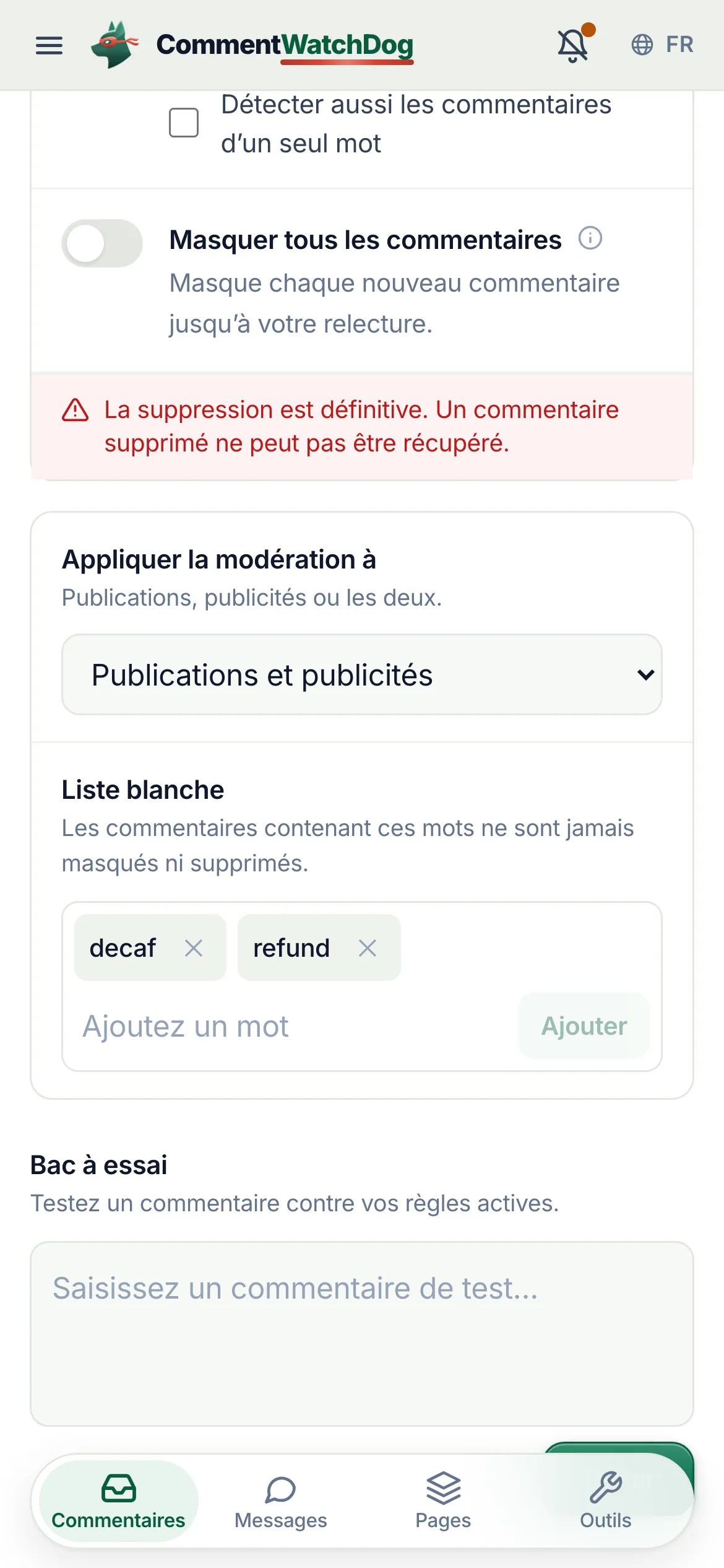 Le contrôle Appliquer la modération à sur les règles d’un compte Instagram le 17 septembre 2026, entouré, indiquant À la fois les publications et les publicités ; publicités uniquement est l’un des choix.