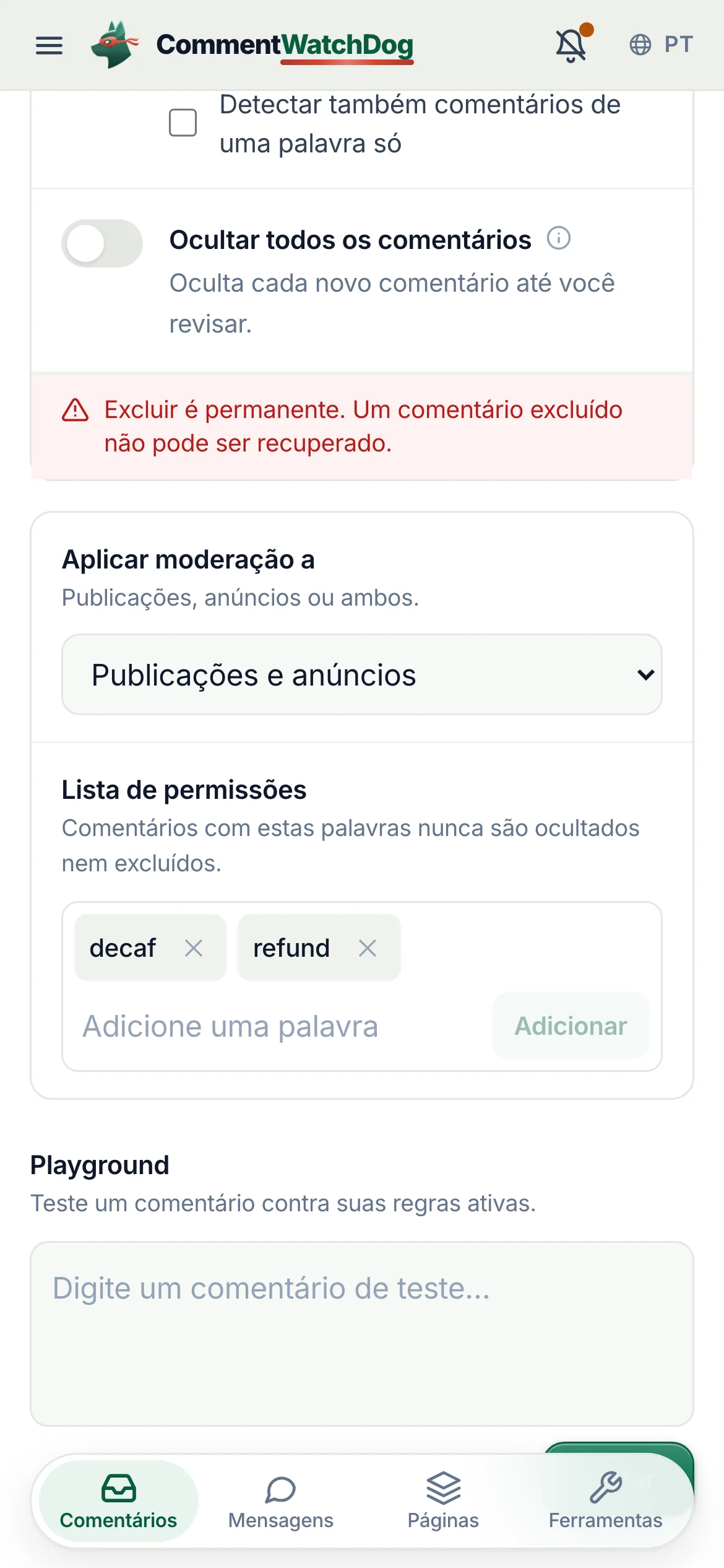 O controle Aplicar moderação a nas regras de uma conta do Instagram em 17 de setembro de 2026, circulado, lendo Tanto publicações quanto anúncios; anúncios apenas é uma das opções.