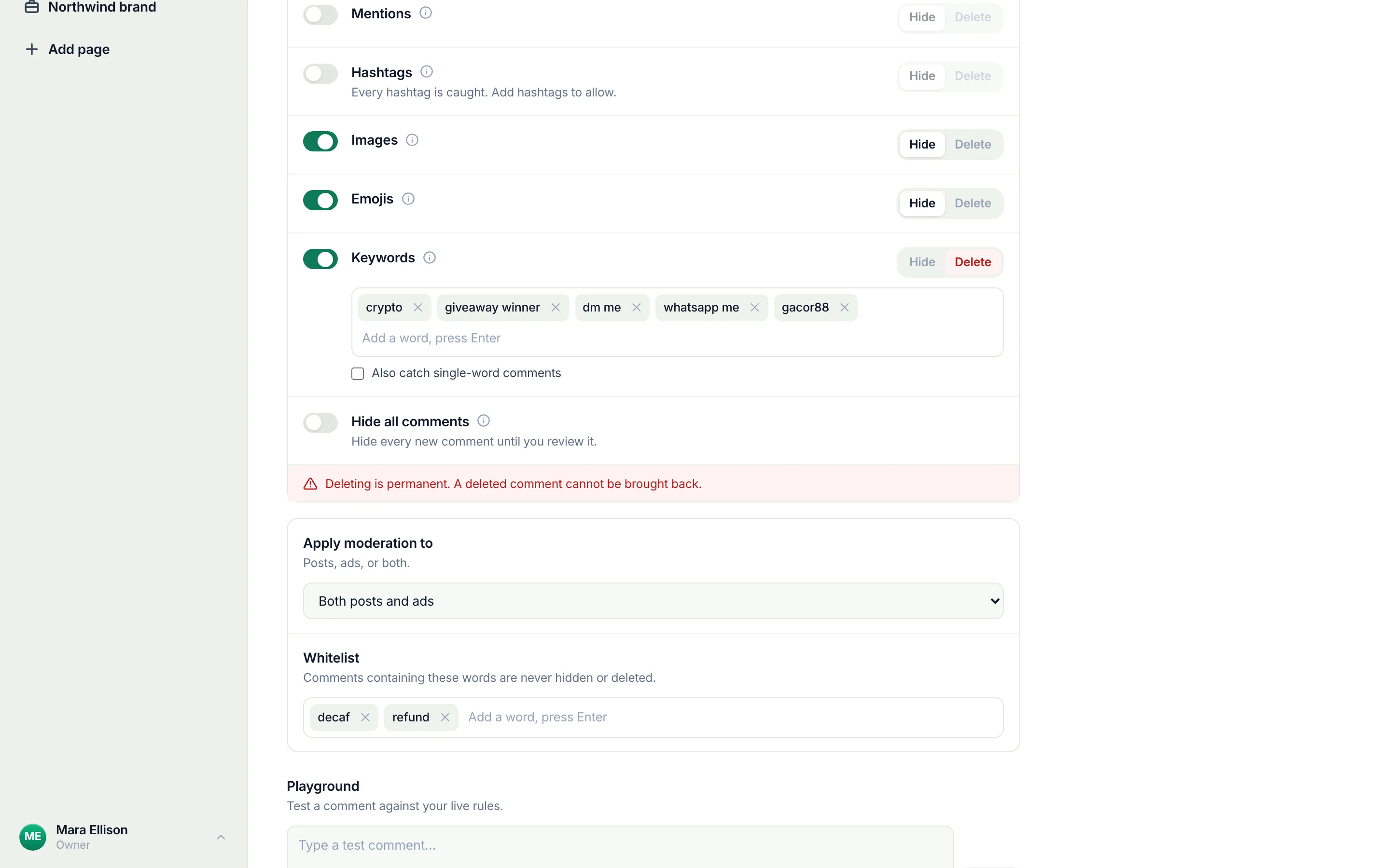 The Apply moderation to control on an Instagram account's rules on September 17, 2026, ringed, reading Both posts and ads; ads only is one of the choices.