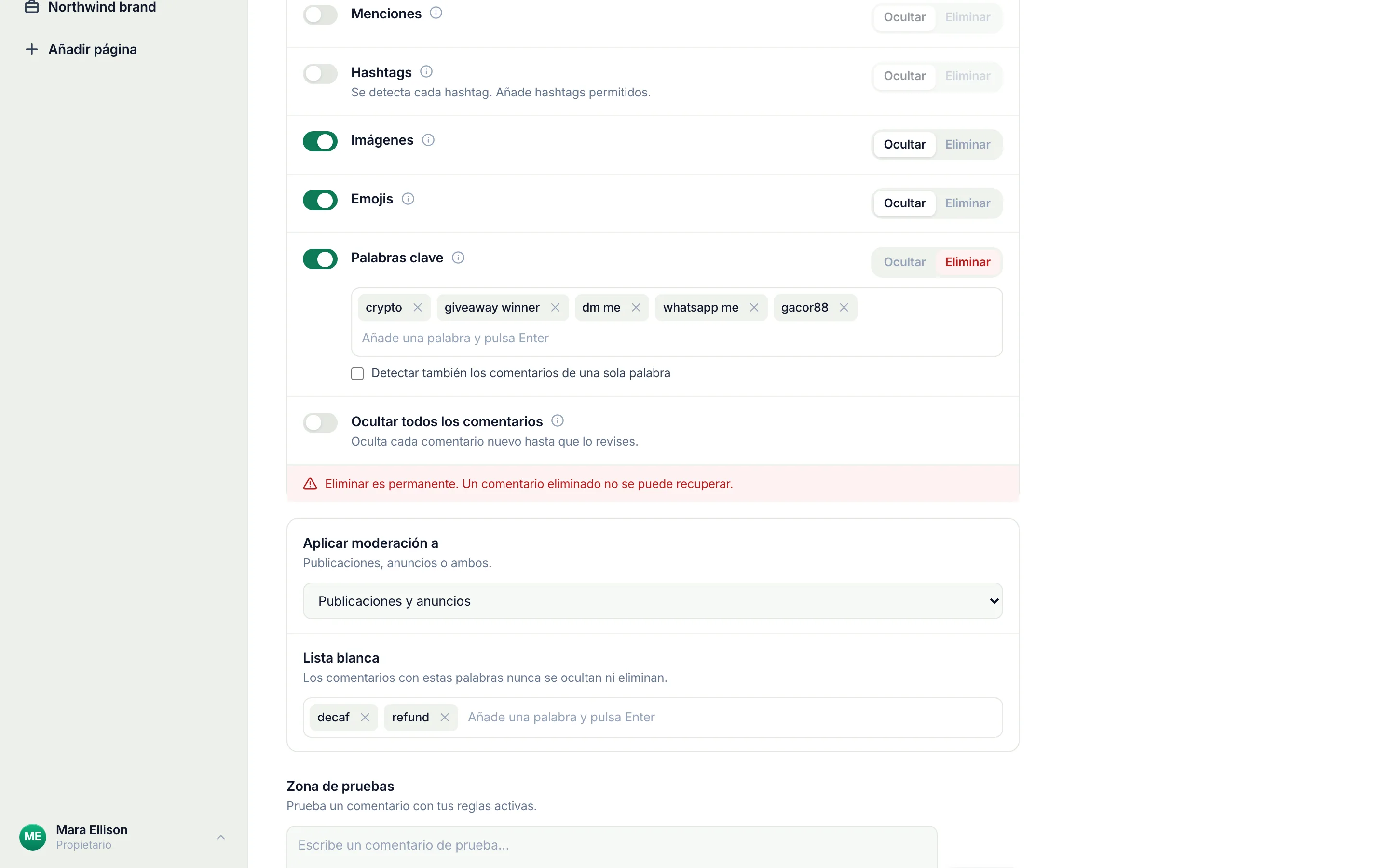 El control Aplicar moderación a en las reglas de una cuenta de Instagram el 17 de septiembre de 2026, marcado, dice Ambas publicaciones y anuncios; solo anuncios es una de las opciones.